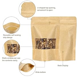 Blisstime Stand Up Pouches, 50 Pack Kraft Paper Bags with Matte Window and Tear Notch Resealable Bags for Small Business Home Use (4.8 x 6.5 Inches)