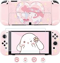 FUNDIARY Cute Bunny Protective Cover Case Compatible with Nintendo Switch OLED, Kawaii Pink Shell for Switch OLED Console and Joy Con with Screen Protector and 4 Thumb Caps