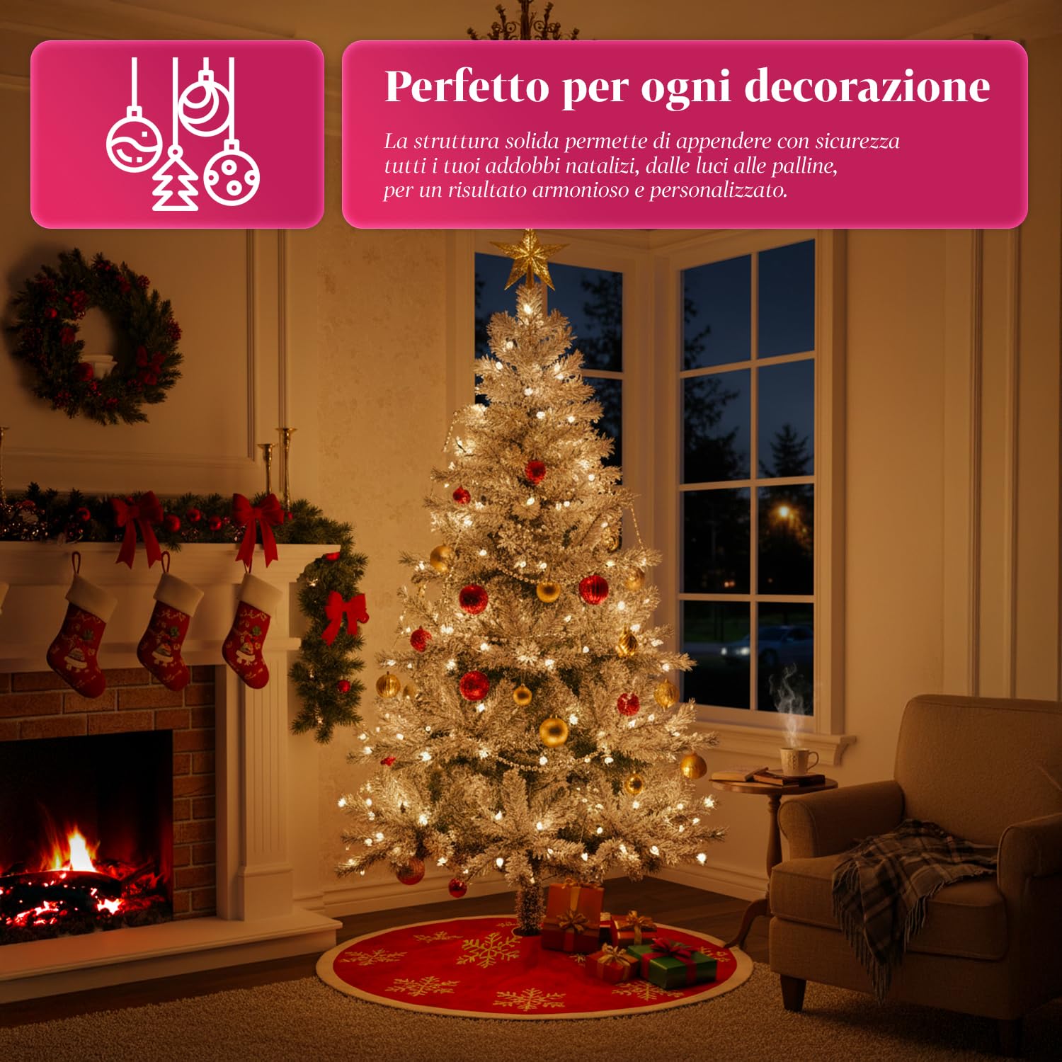 Albero di Natale Artificiale Innevato di 210 cm con 1078 Rami. Perfetto per Interni, Pronto per Essere Decorato con Luci e Ornamenti Natalizi con Base in Metallo e Innesto Facile Ø 110 cm