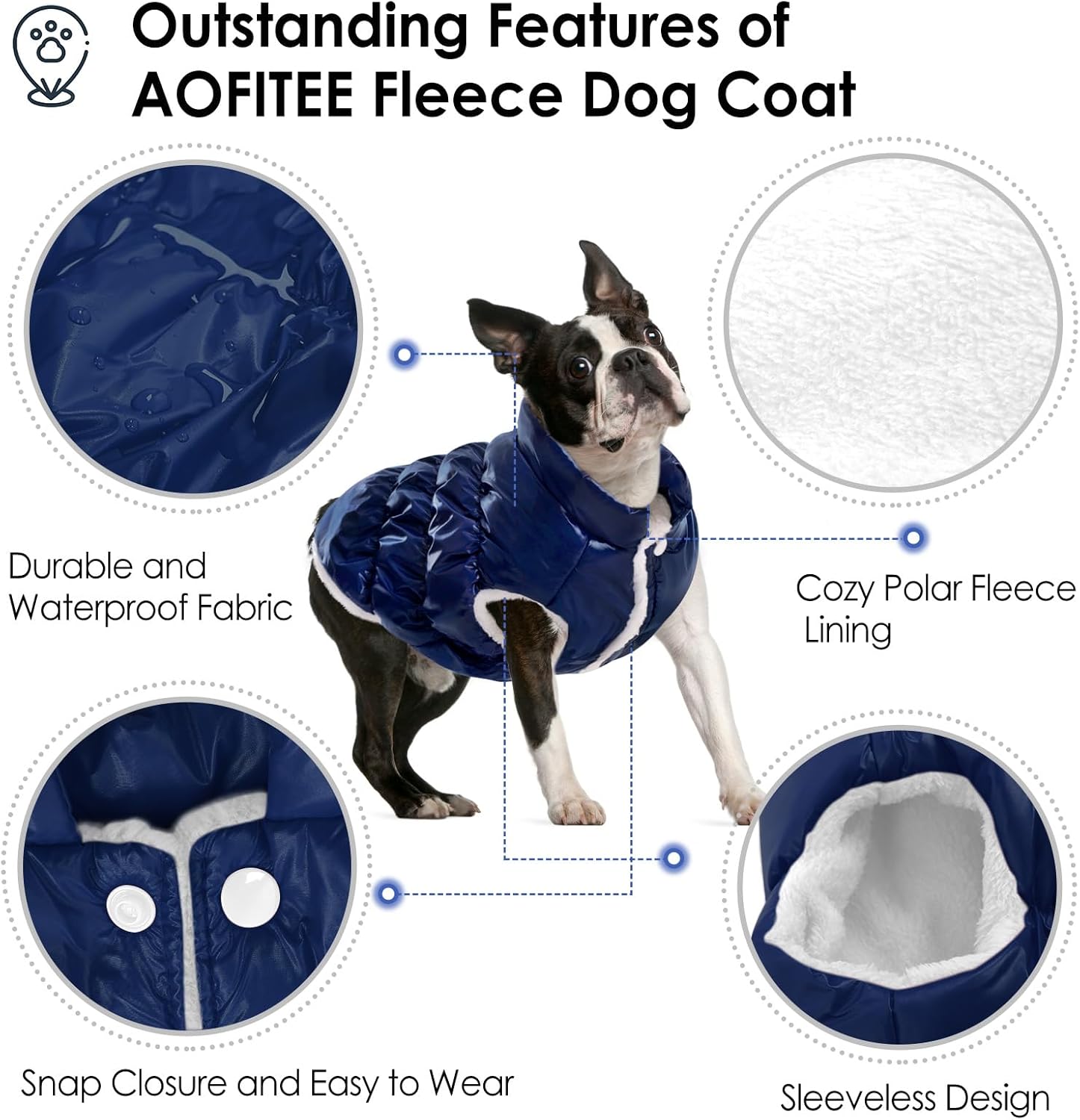 AOFITEE Dog Winter Coat, Waterproof Dog Jacket, Warm Small Dogs Coat, Fleece Dogs Puffer Jacket, Windproof Pet Snowsuit, Cozy Female Male Pet Snow Jackets Fleece Vest with Snap Closure, Silver, M