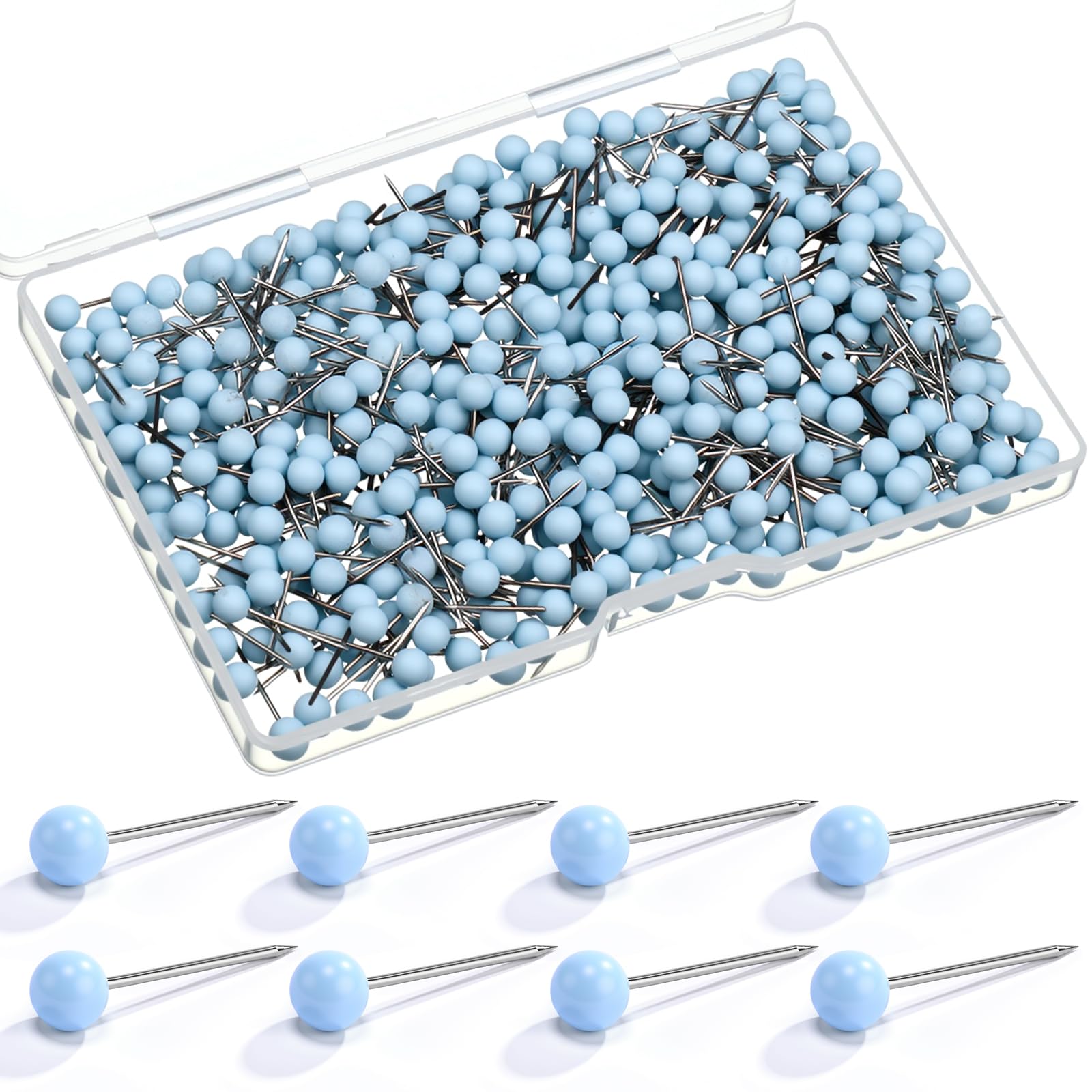 WILLBOND 500 Pack Map Push Pins Map Tacks Small Round Head Push Pins Thumb Tacks for Travel Picture Photo Bulletin Board Wall DIY Craft School Office Home(Light Blue,1/6 Inch)