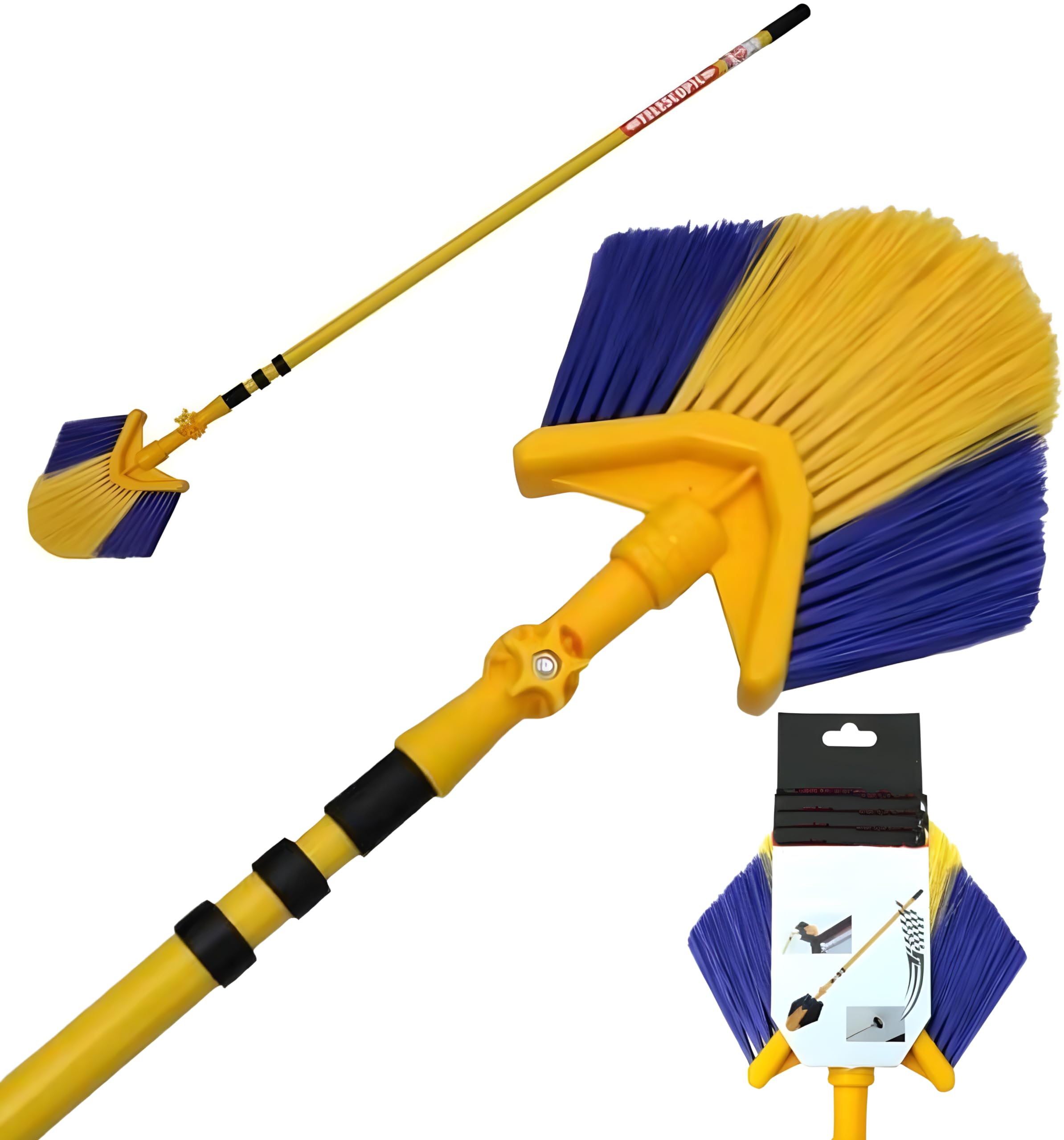 Retaaj Blue, Yellow, Black 3M Angled Head Cobweb Brush With Extending Telescopic Long Handle Feather Duster For Ceiling Indoor Corner Cleaning 180 Degree Swivelling