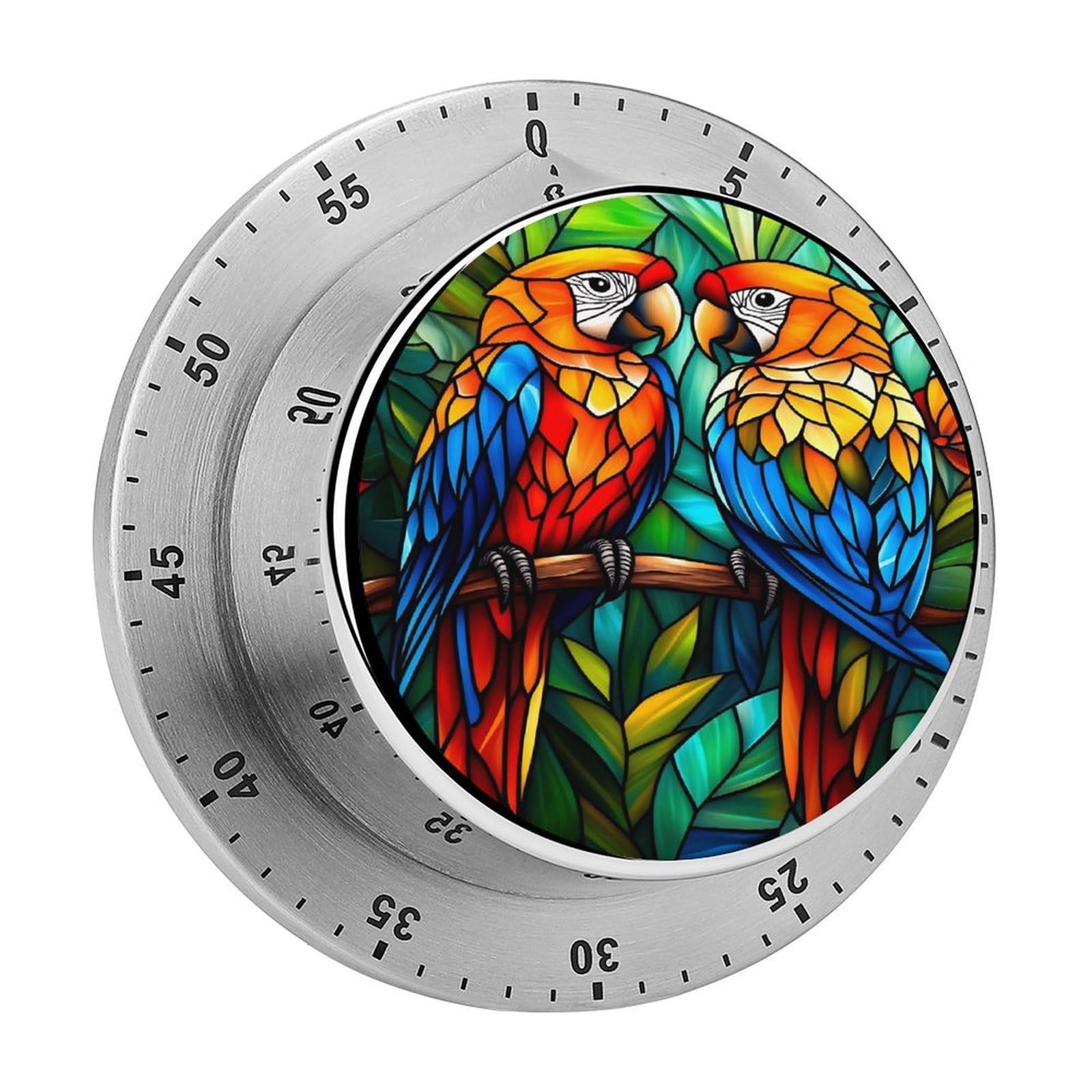 Macaw Parrot Stained Glass 60 Minute Wind Up Timer,Visual Mechanical Magnetic Timer with Loud Alarm for Kitchen