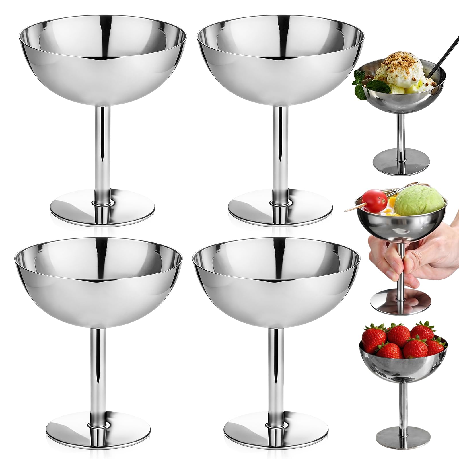 4 Pezzi Coppette Gelato in Acciaio Inox 200 ml, Ciotole per Dessert con Piede Ø 10 cm, Riutilizzabili per Gelato, Yogurt, Budino, Macedonia e Dolci - Argento