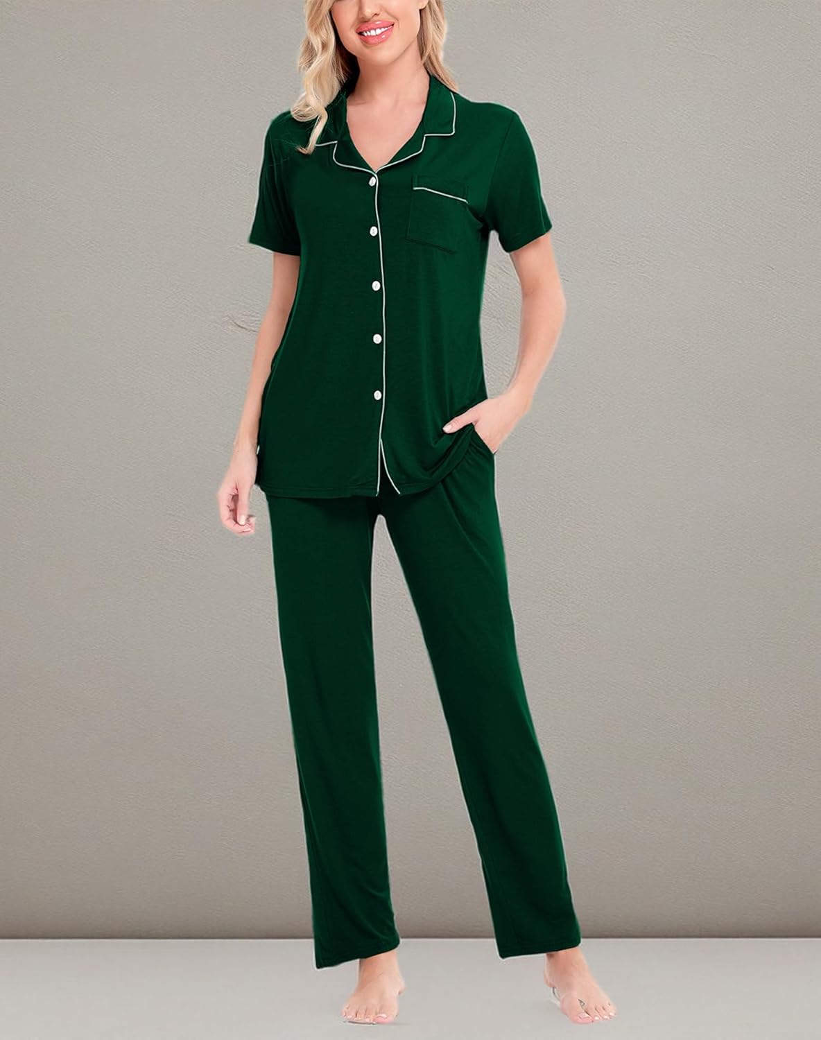 SWOMOG Women Pajama Sets Two-Piece Nightwear Short Sleeve Sleepwear Button Down Pj Lounge Sets with Long Pants - Image 6