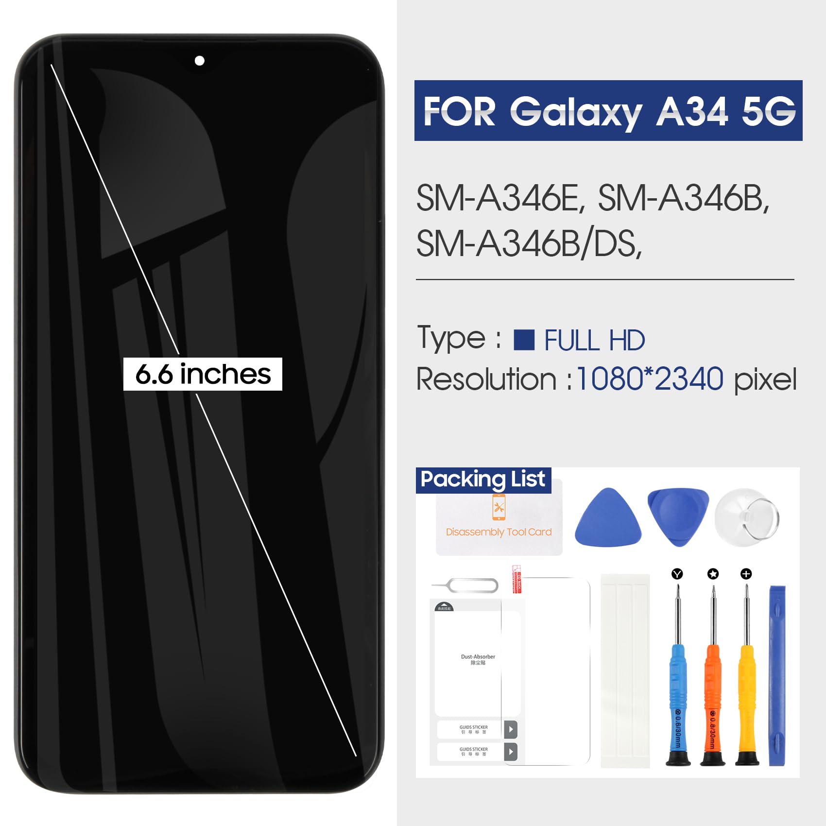 Reparo Écran Replacement pour Samsung Galaxy A34 5G LCD Display pour Galaxy A34 5G A346 LCD Écran Tactile Numériseur Verre Full Assemblé avec Kit de Réparation SM-A346B SM-A346B/DS (Noir avec Cadre)