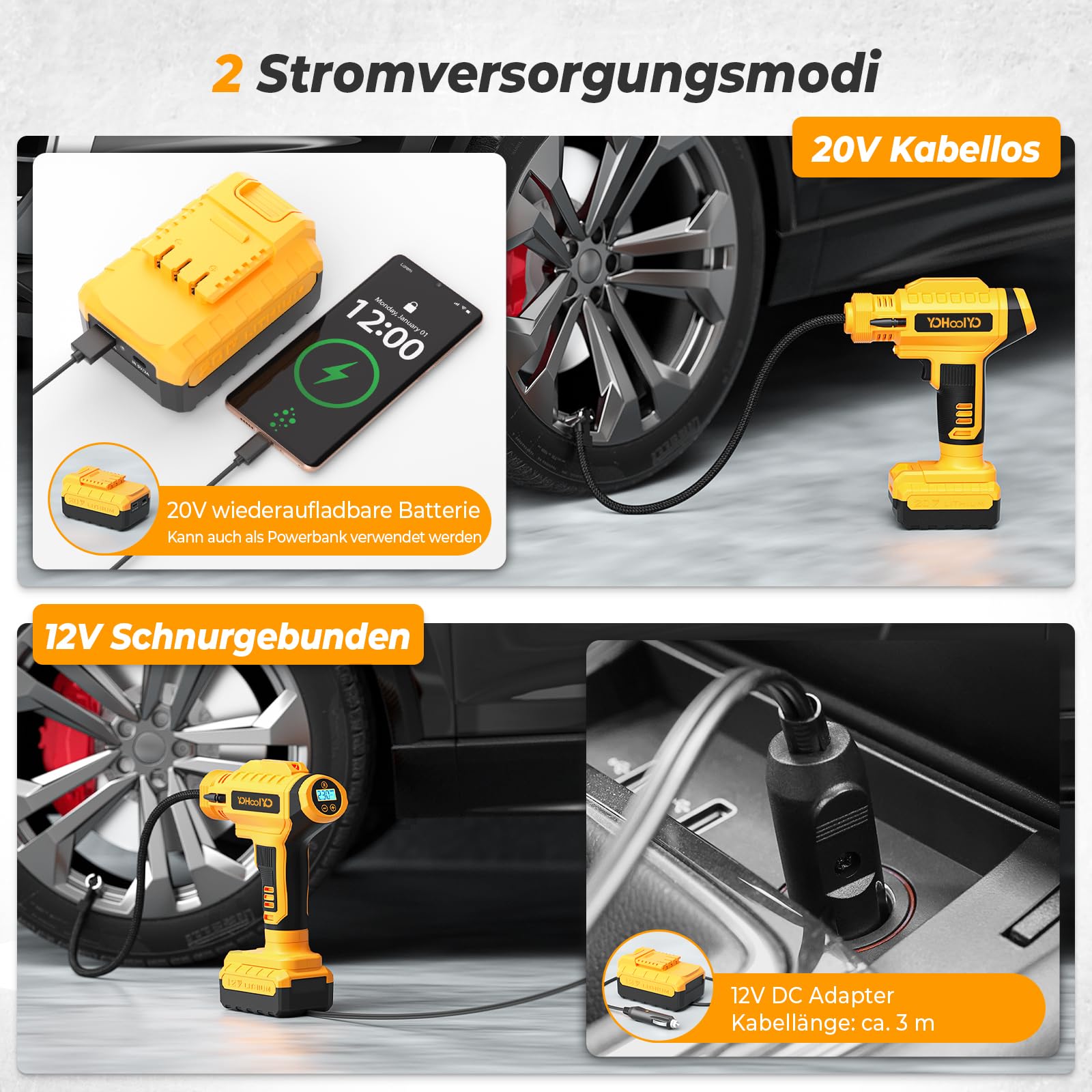 YOHOOLYO Luftpumpe Akku Kompressor Luftkompressor Handkompressor Tragbare Elektrische Luftpumpe AutoOff mit Akku und Auto Netzteil Max 150 PSI für Auto Motorrad und Fahrrad Gelb