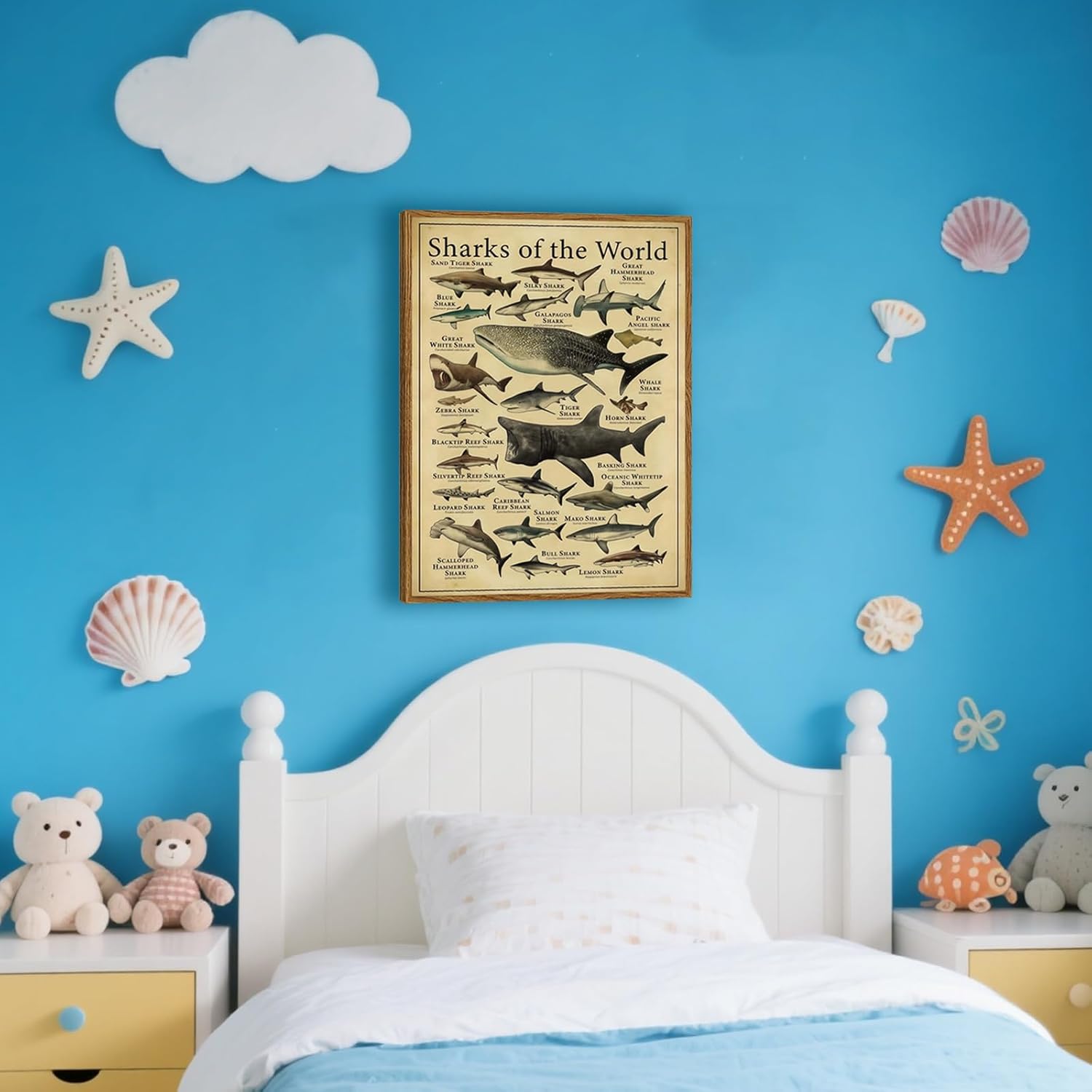 Framed Sharks Wall Art Educational Shark Poster Vintage Marine Biology Picture Nautical Sea Life Painting Ocean Animal Art Print for Kids Room Bathroom Classroom Office Décor 16x24 inch