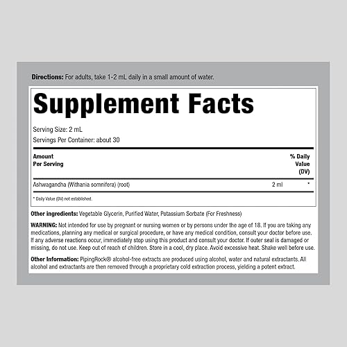 Miniatura 2 de Piping Rock Extracto líquido de raíz de ashwagandha  4 onzas líquidas  Gotas de tintura premium  Suplemento de hierbas botánicas  Sin OMG, sin gluten