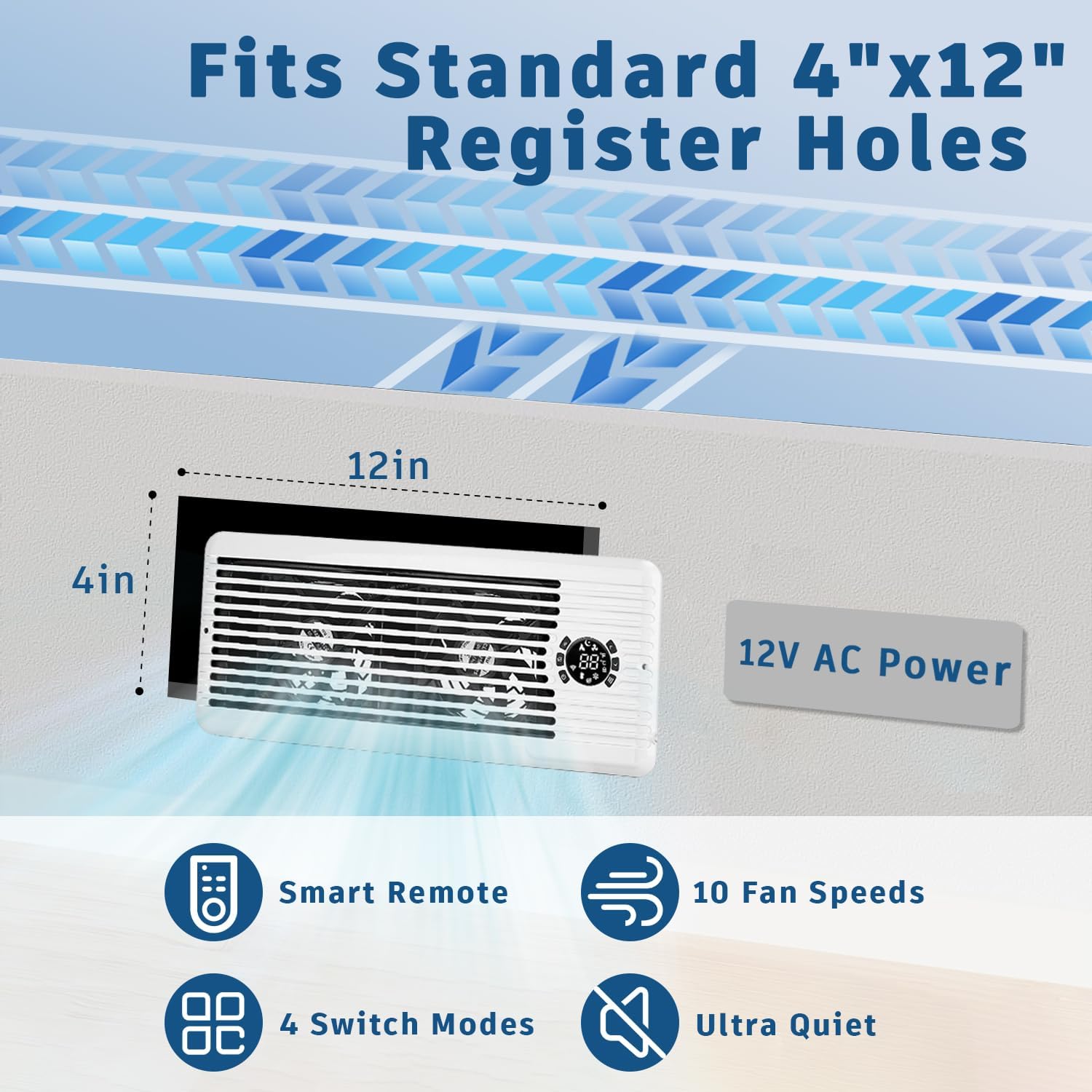 Register Booster Fan for 4" x 12" Register Holes, Smart AC Vent Booster Fans Improves Heating & Cooling with Remote and Thermostat Control,10-Speed Quiet Vents Fan for Floor Ceiling