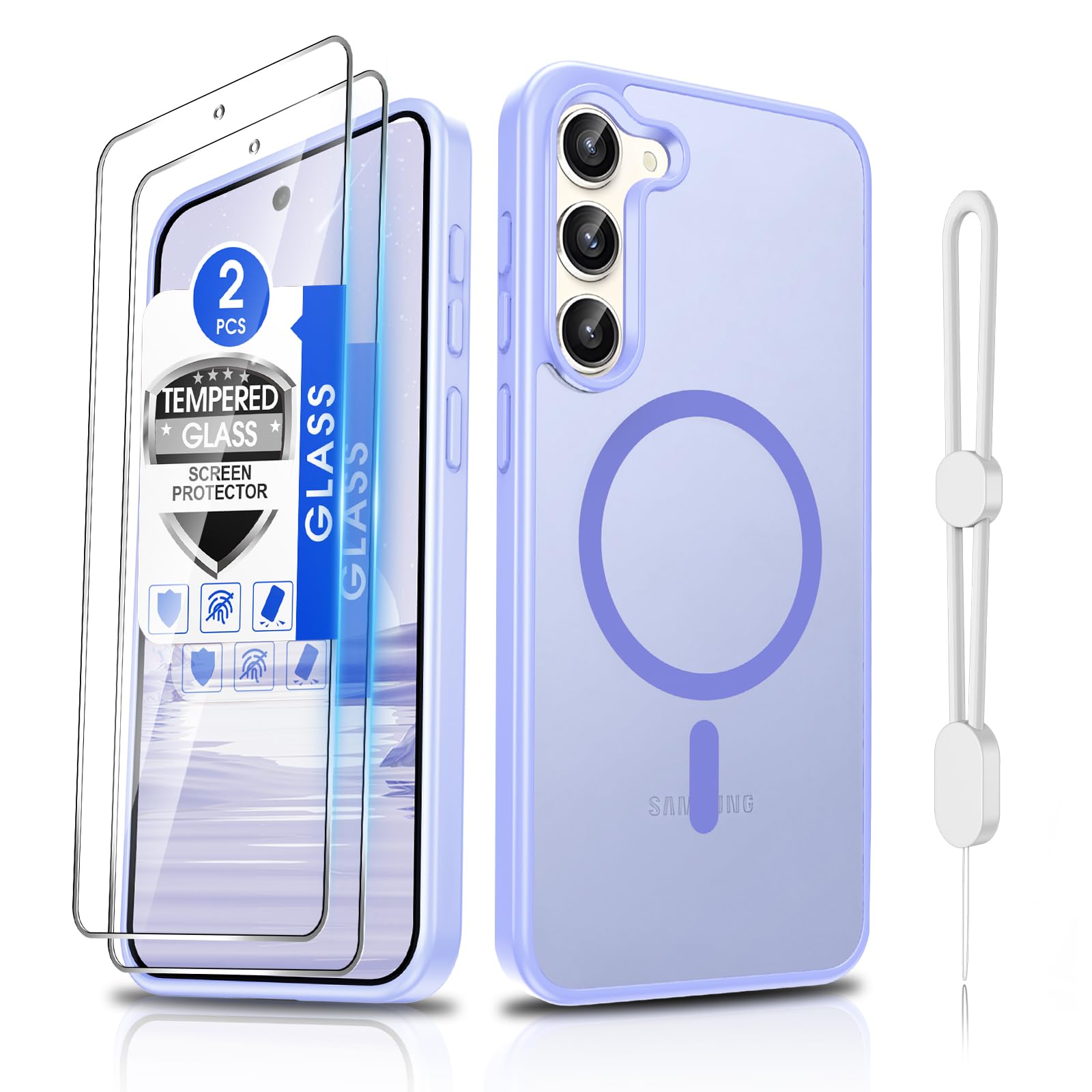 Dizn Magnetic for Samsung Galaxy S23 Phone Case,[Not Fit S23+]with Tempered Glass Screen Protector, [Fit For MagSafe]with strap,Military-Grade Shockproof Funda Protective for Galaxy S 23,Light Purple