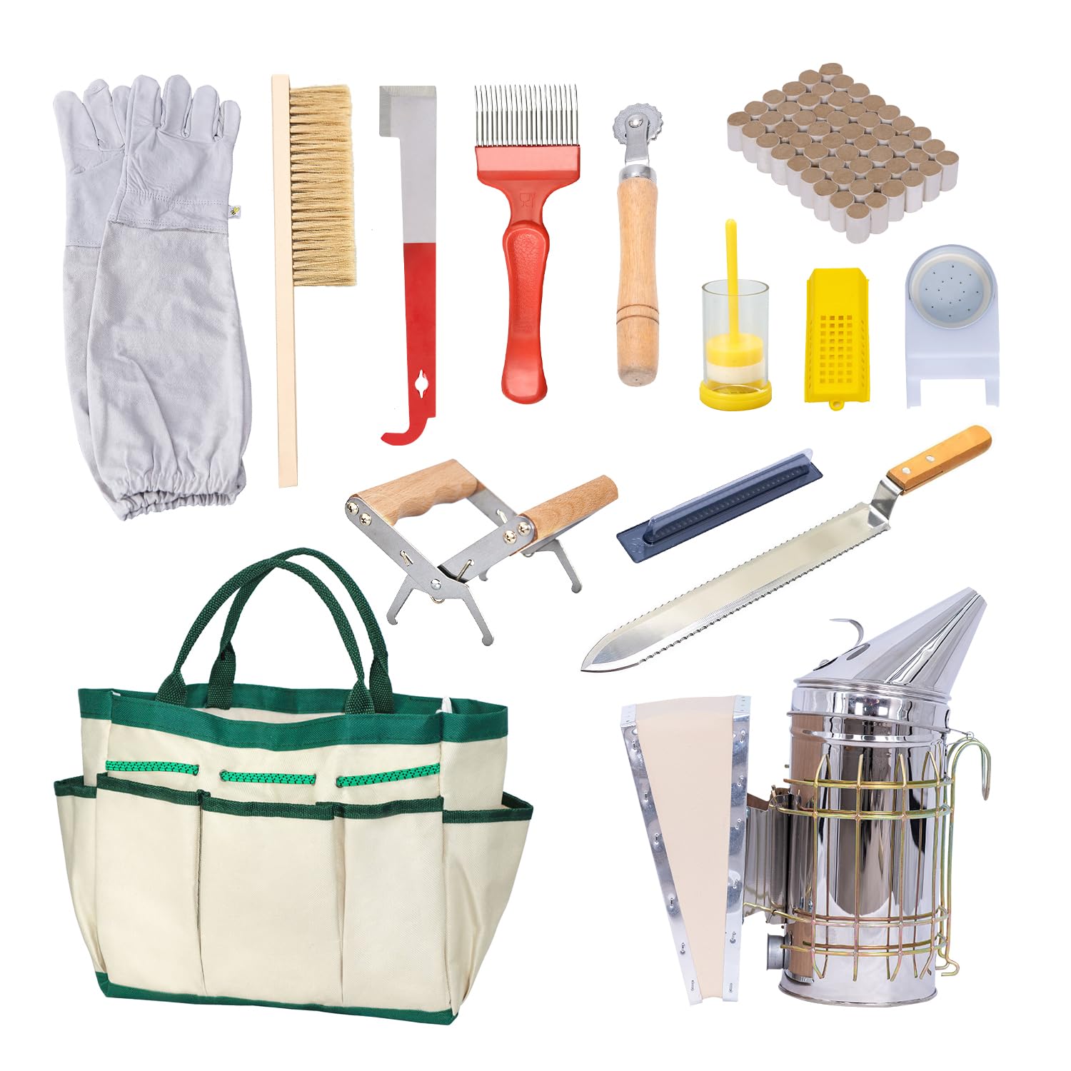MayBee 13 herramientas de apicultura con ahumador de abejas, suministros de apicultura, kit de iniciación para principiantes y apicultores profesionales, duraderos, suministros de apicultura