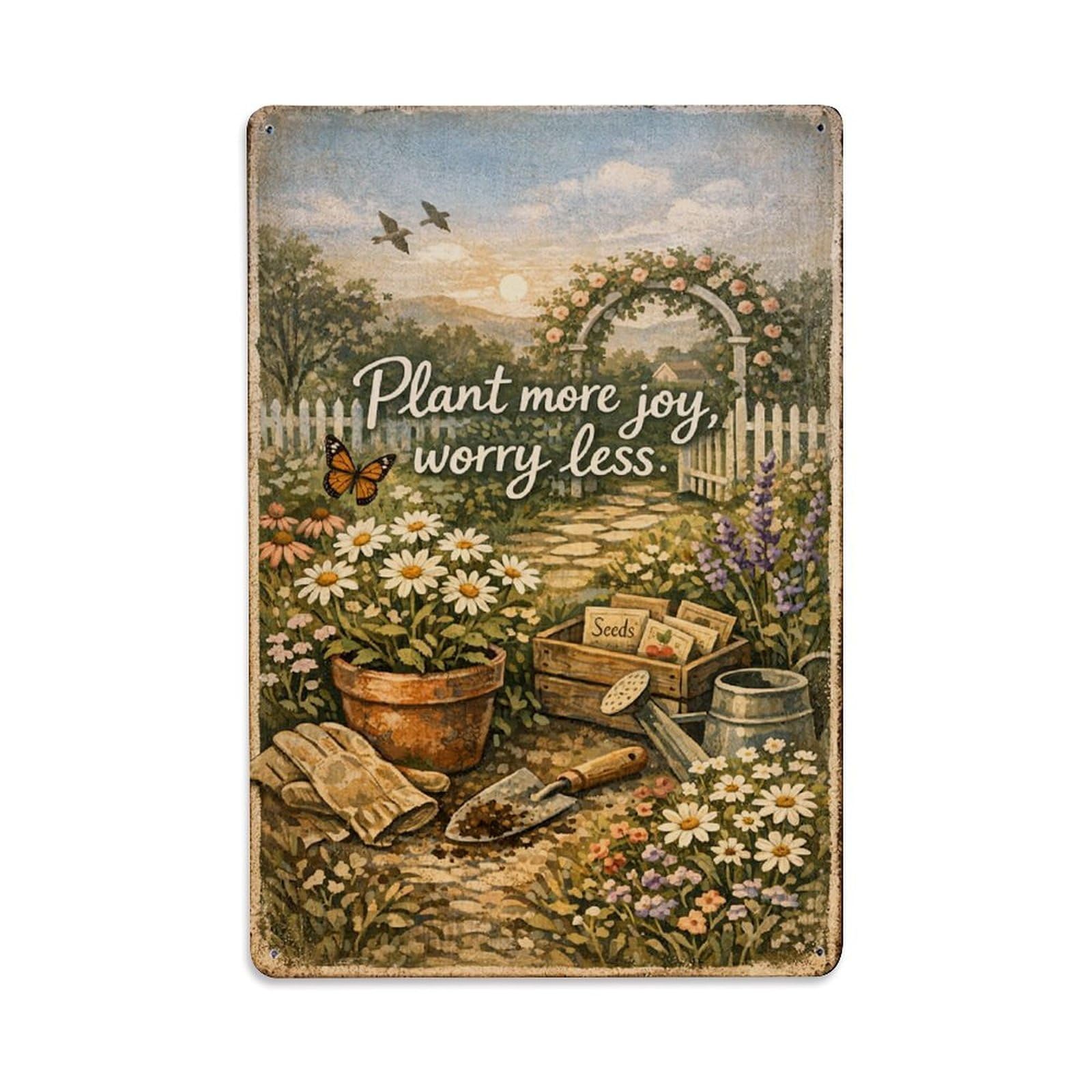 Jdfenggu Vintage Plant More Joy Worry Less Retro Metal Tin Sign, Metal Poster For Bar, Home, Man Cave, Kitchen, Laundry Room Art Decor 8X12 Inch