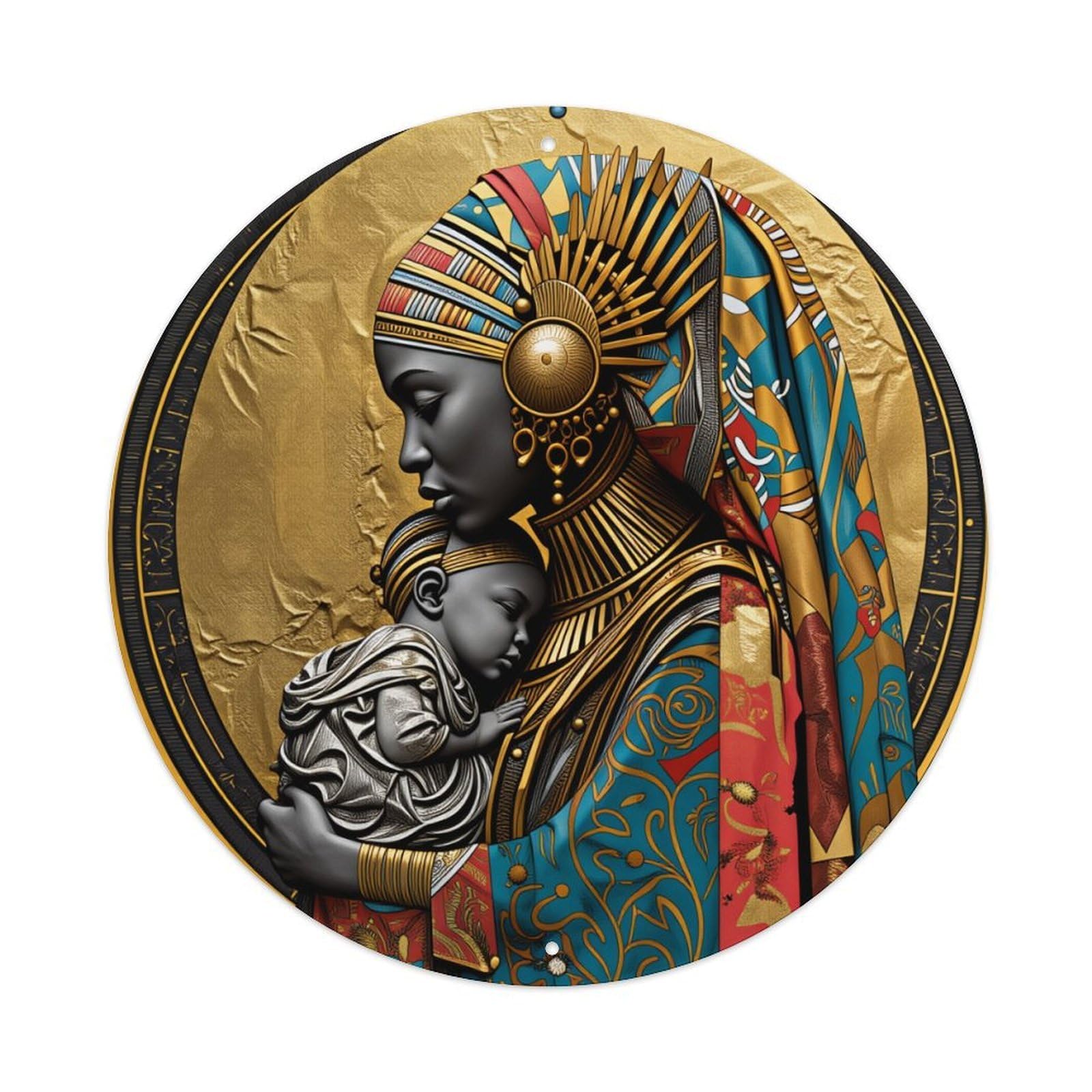 Golden Egyptian Style Pattern Print Round Tin Sign Vintage Style Metal Sign Home Bar Garden Wall Plaque Decor Metal Poster 8x8 Inch
