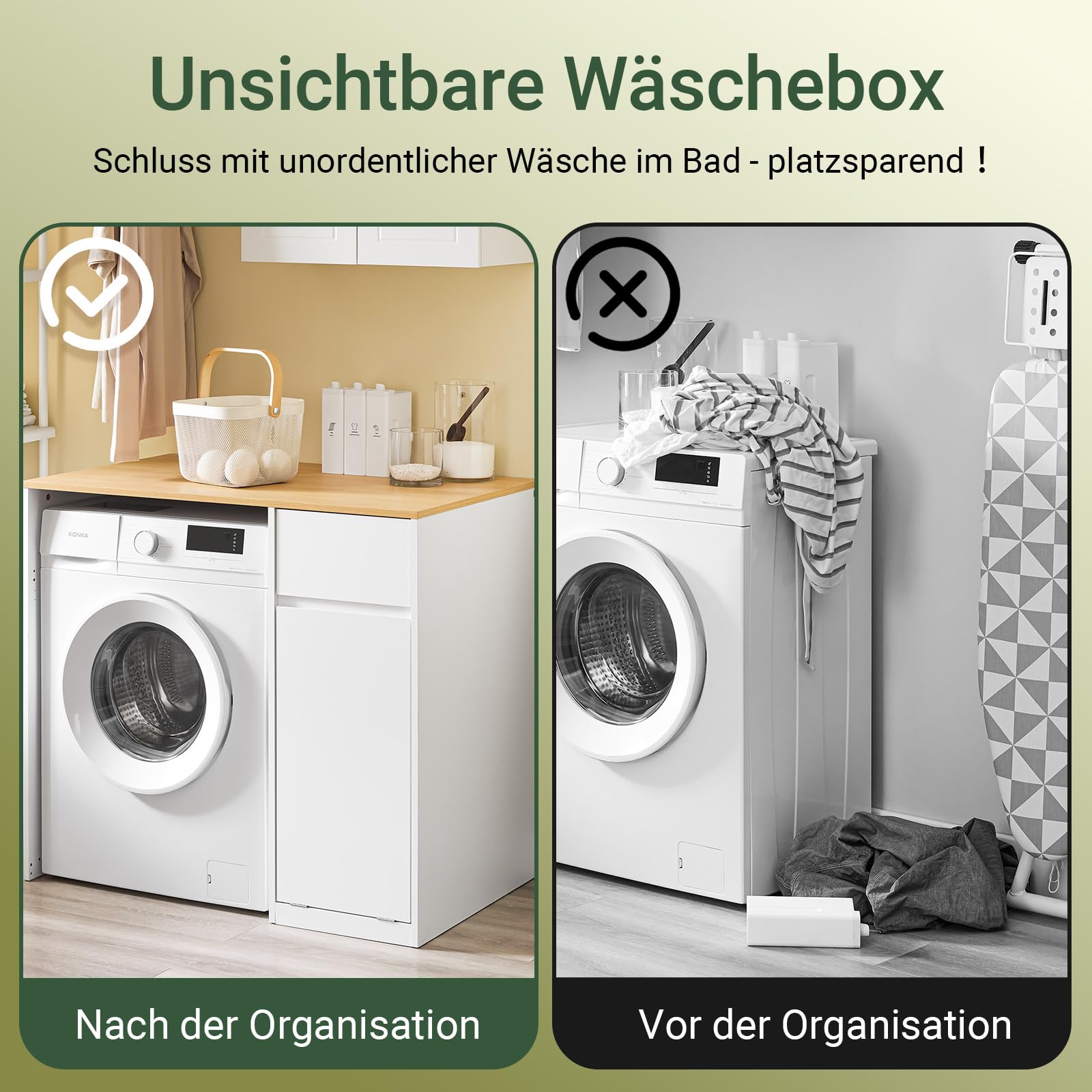 SoBuy Waschmaschinenschrank mit Wäschekorb & Schublade 100x60x90 cm | Schrank für Waschmaschine & Trockner, platzsparender Badezimmerschrank in Weiß Holzoptik, Skandinavisches Design, BZR217-WN