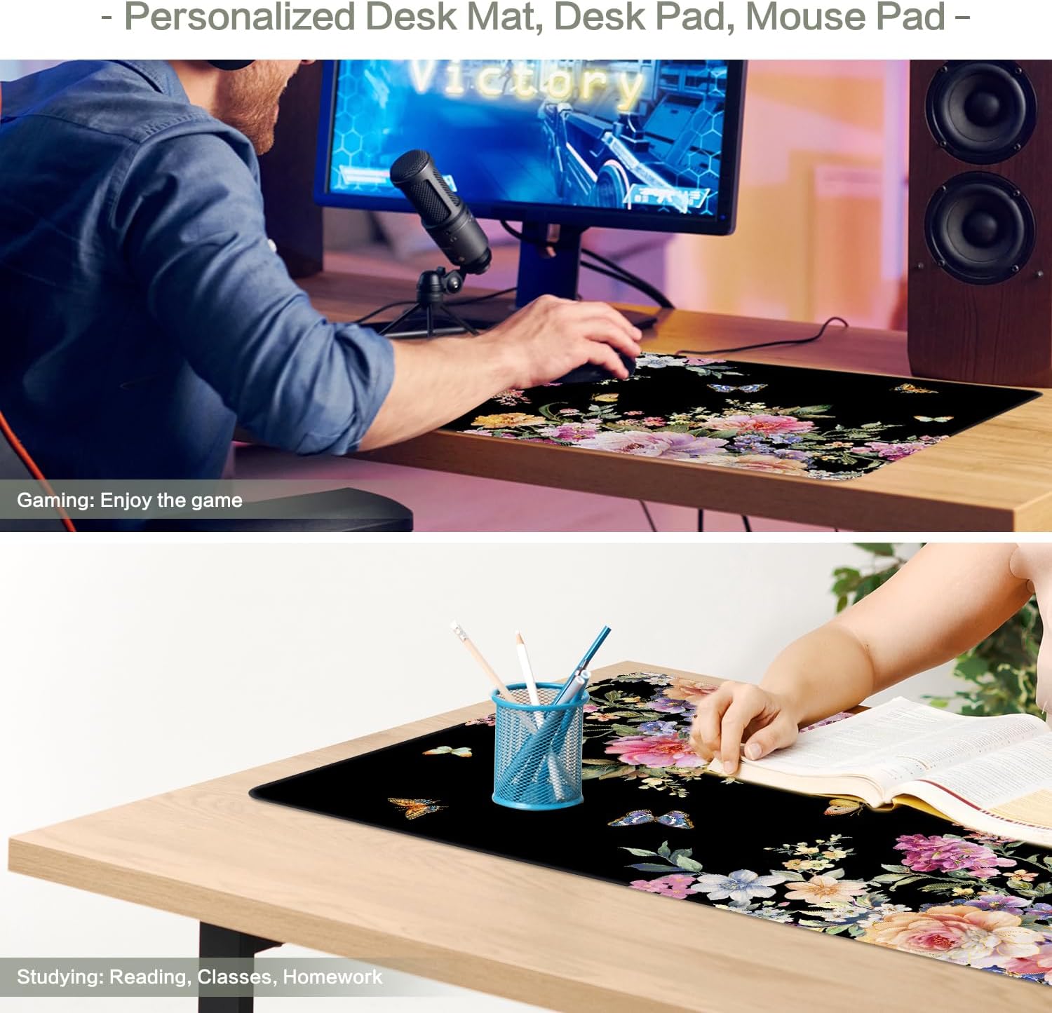 Pink Flower Desk Mat Mouse Pad Waterproof, Butterfly Floral XXL Extended Large Gaming Desk Pad Mousepad, Black Computer Laptop Keyboard Mouse Mat for Women Girls Work, Game, Office, Home 31.5x15.7 in image 3