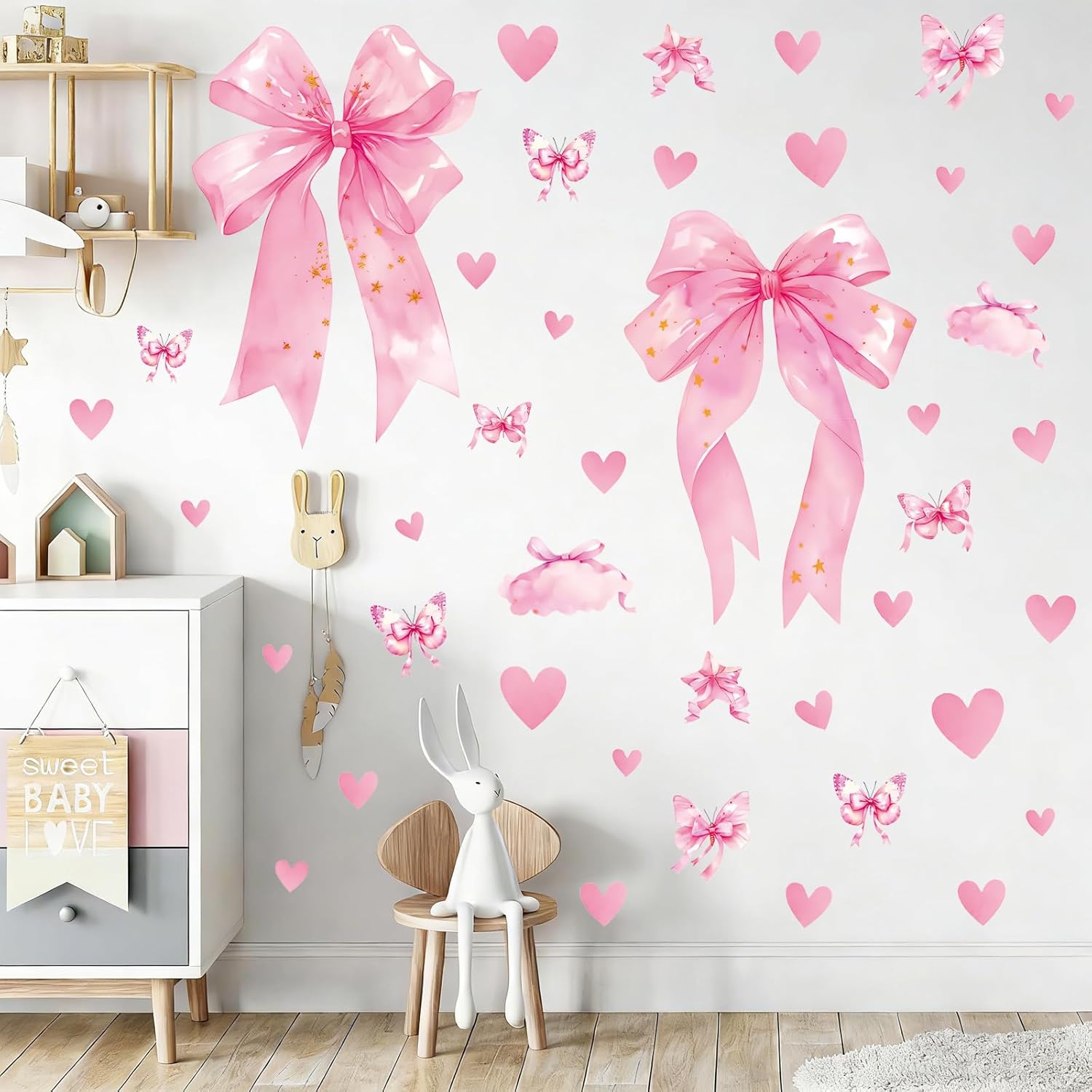 Large Pink Bow Wall Decals - 6 Sheets 64 Pcs Bow Knot Wall Stickers Heart Bow Peel and Stick Wallpaper for Girls Room Nursery Bedroom Coquette Room Décor