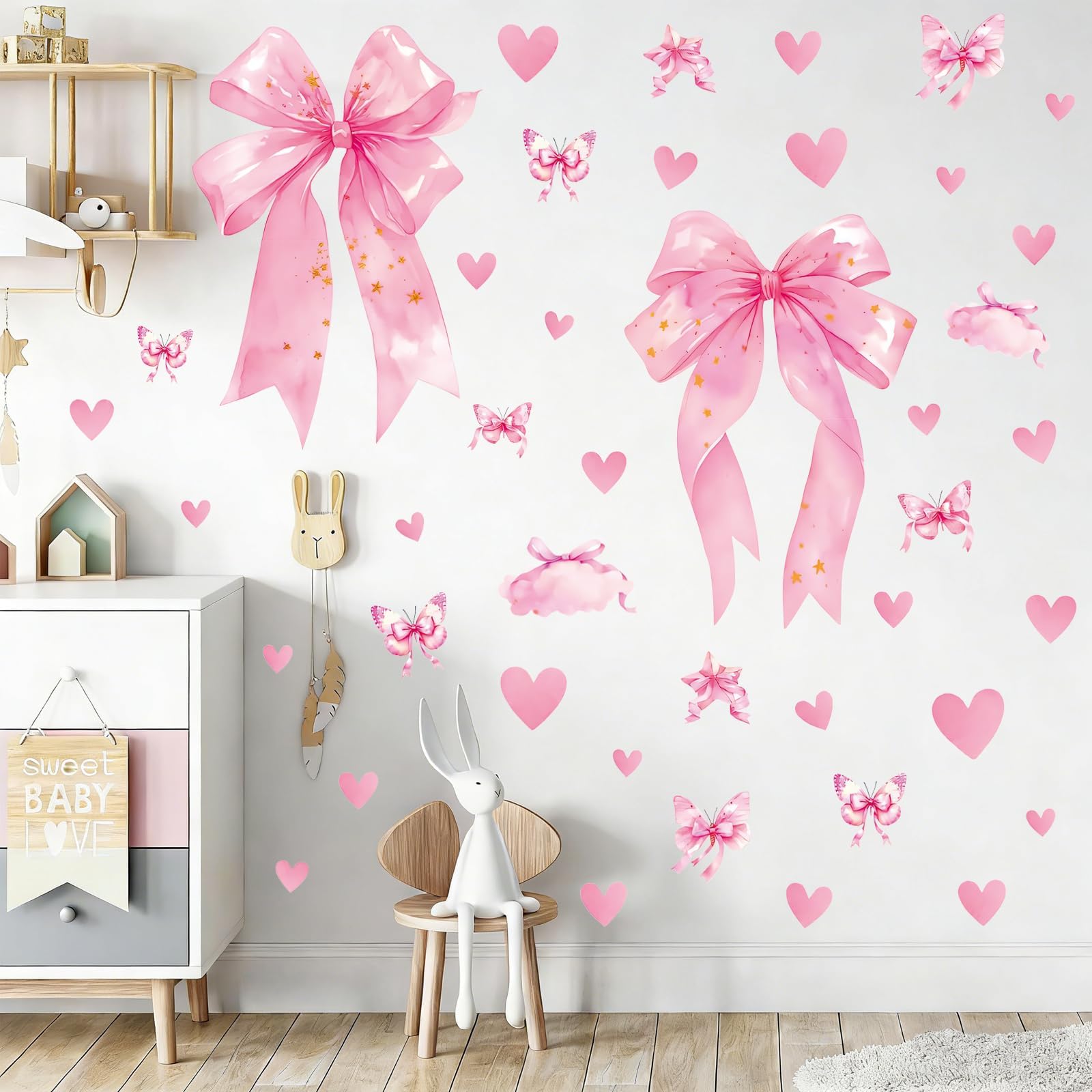 Large Pink Bow Wall Decals - 6 Sheets 64 Pcs Bow Knot Wall Stickers Heart Bow Peel and Stick Wallpaper for Girls Room Nursery Bedroom Coquette Room Décor