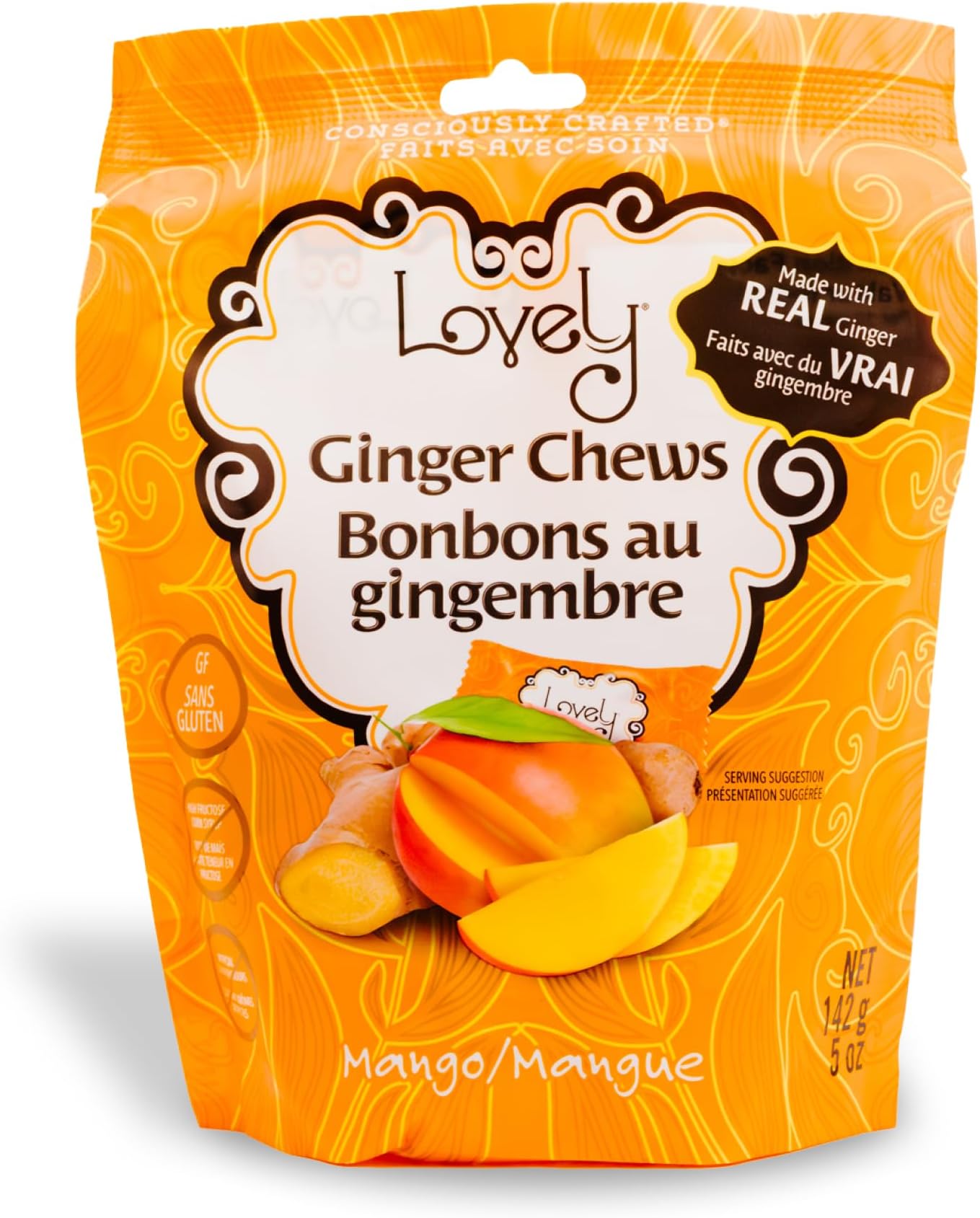 Lovely Candy Co. Mango Ginger Chews, Made with Real Ginger, Individually Wrapped, 14oz (1-Pack) | Gluten-Free, Non-GMO, NO Artificial Ingredients, NO High Fructose Corn Syrup | 4 Simple Ingredients!