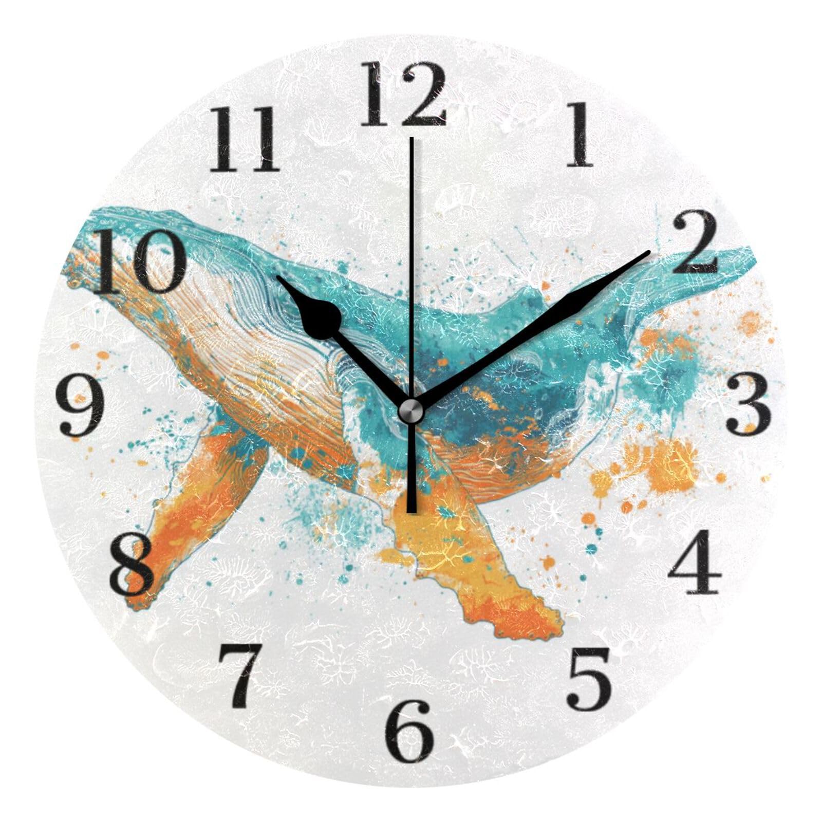 Ensound Orange Green Whale Wall Clock Silent Non-Ticking Battery Operated Clocks 12 Inch for Kitchen Home Living Room