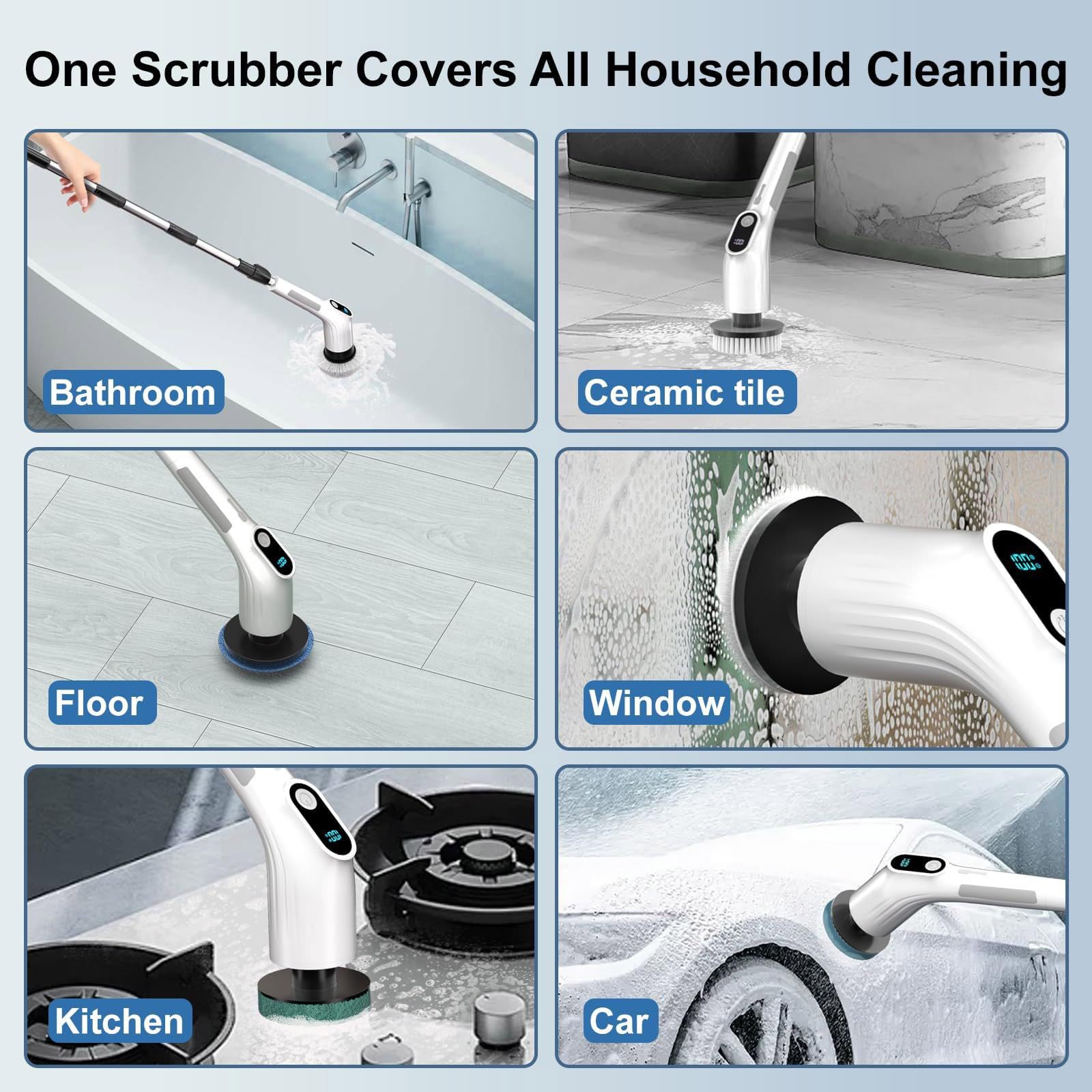 Strumento 8 allegati 2 modalità di velocità estensibile IPX7 per piastrelle domestiche Scrubber bagno cordless per e vasche da bagno