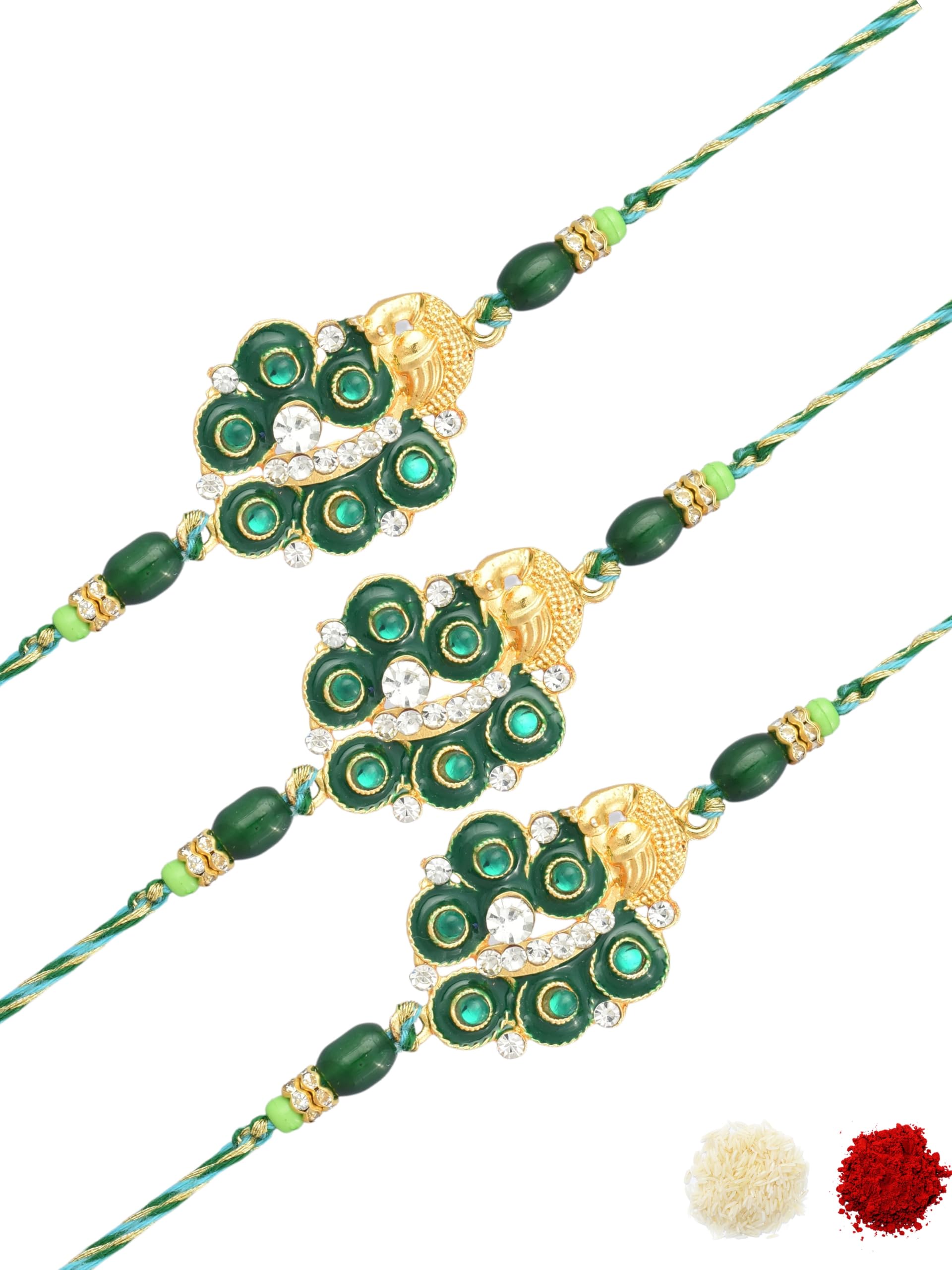 Emerald Green Premium AD Studded Peacock Design Gold Plated Traditional Beaded Pack of 3 Festive Rakhi for Brothers, Bhaiya, Bhai, with Roli Chawal & Greeting Cad for Raksha Bandhan-6-image-14