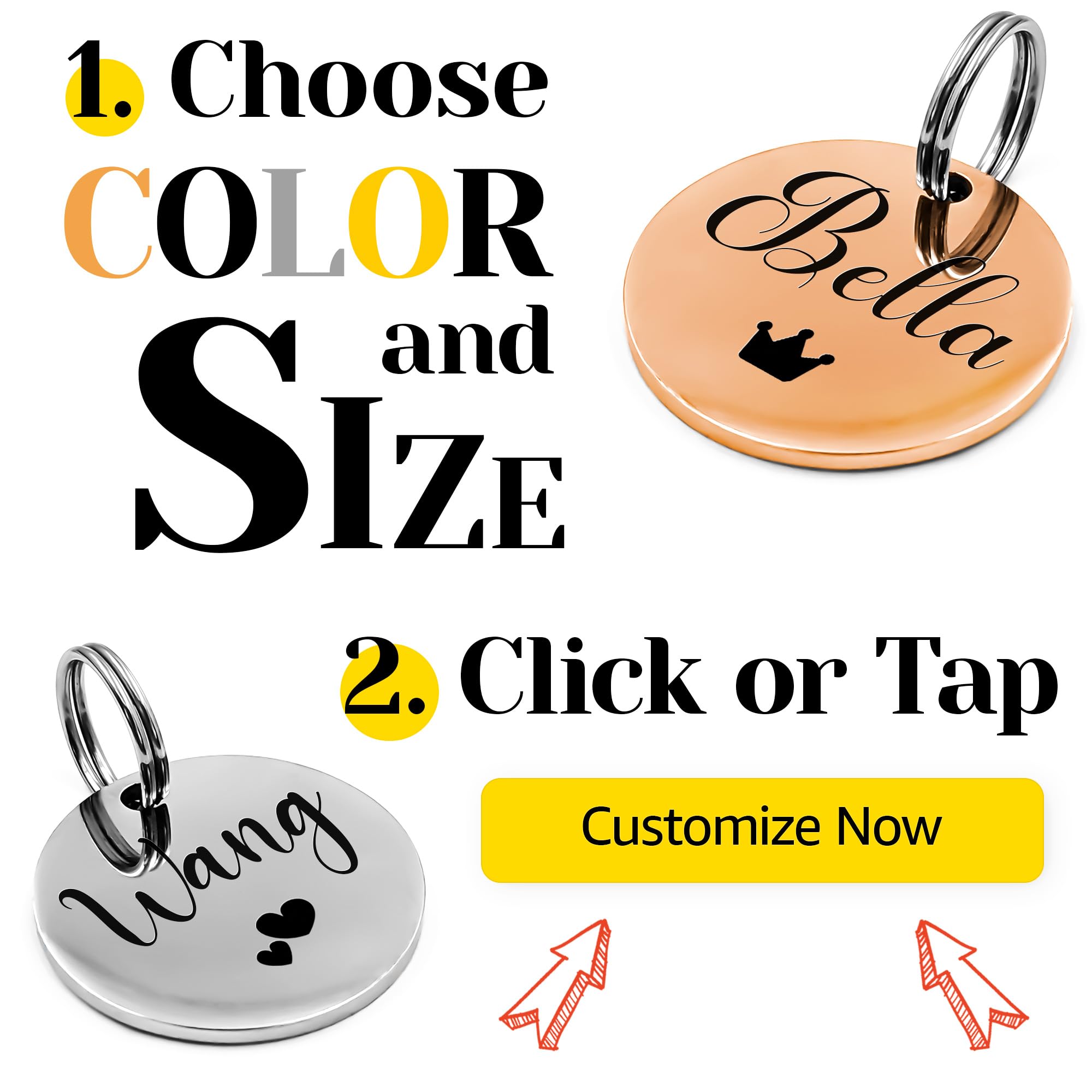 Personalized ID Tags for Cats and Dogs with Lovely Symbols – Small and Regular Pet Collar Name Accessories, Custom Engraved Stainless Steel (Round Silver Regular)