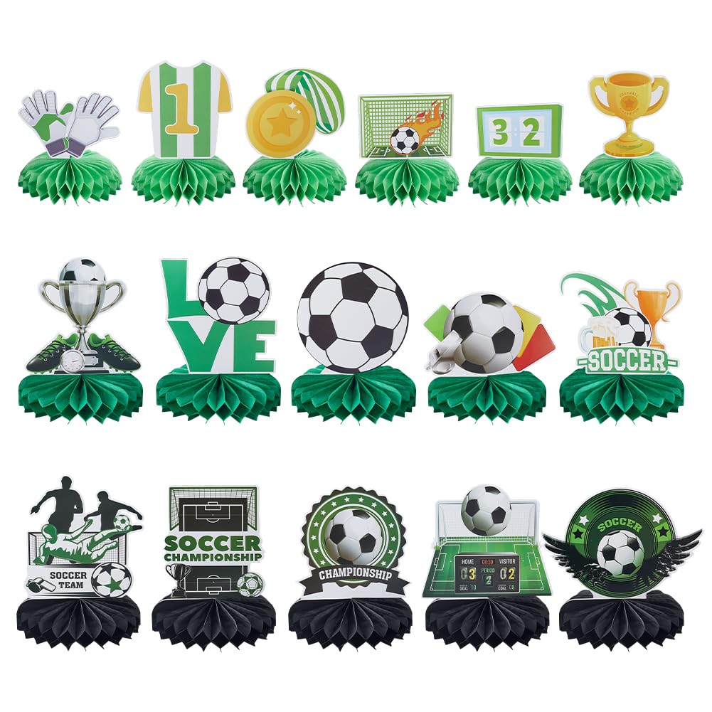 WADORN 16Pcs Soccer Birthday Party Decorations, 2 Styles Football Honeycomb Centerpieces Sport Themed Party Decorations for Table Football Topper Decoration for Sport Ball Game Birthday Decor Supplies