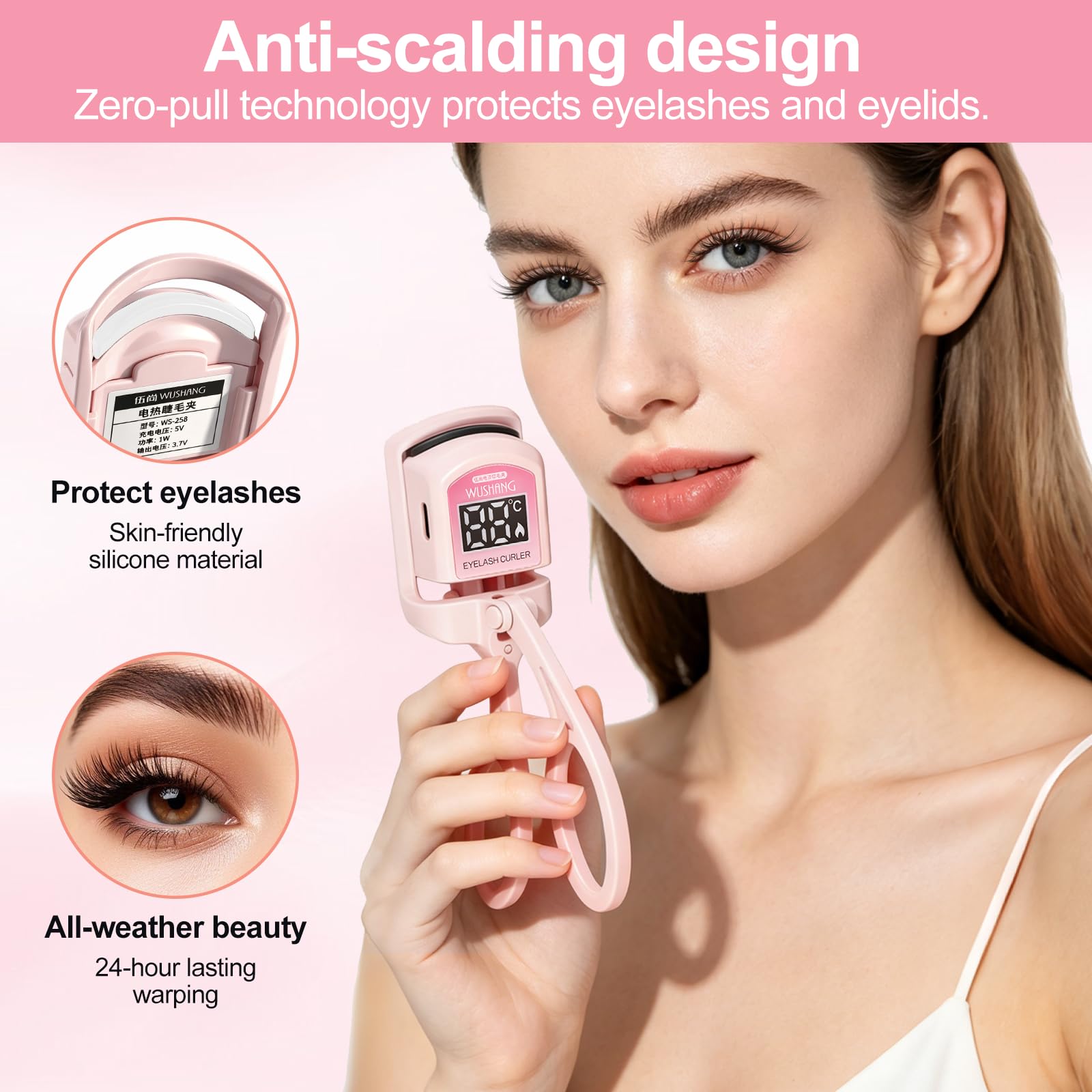 Beheizte Wimpernzange mit LED-Temperaturanzeige, wiederaufladbar, elektrische Wimpernzange, 30 Sekunden, schnelle Erwärmung, Verbrühungsschutz, tragbares Make-up-Werkzeug, 24 Stunden lang anhaltende