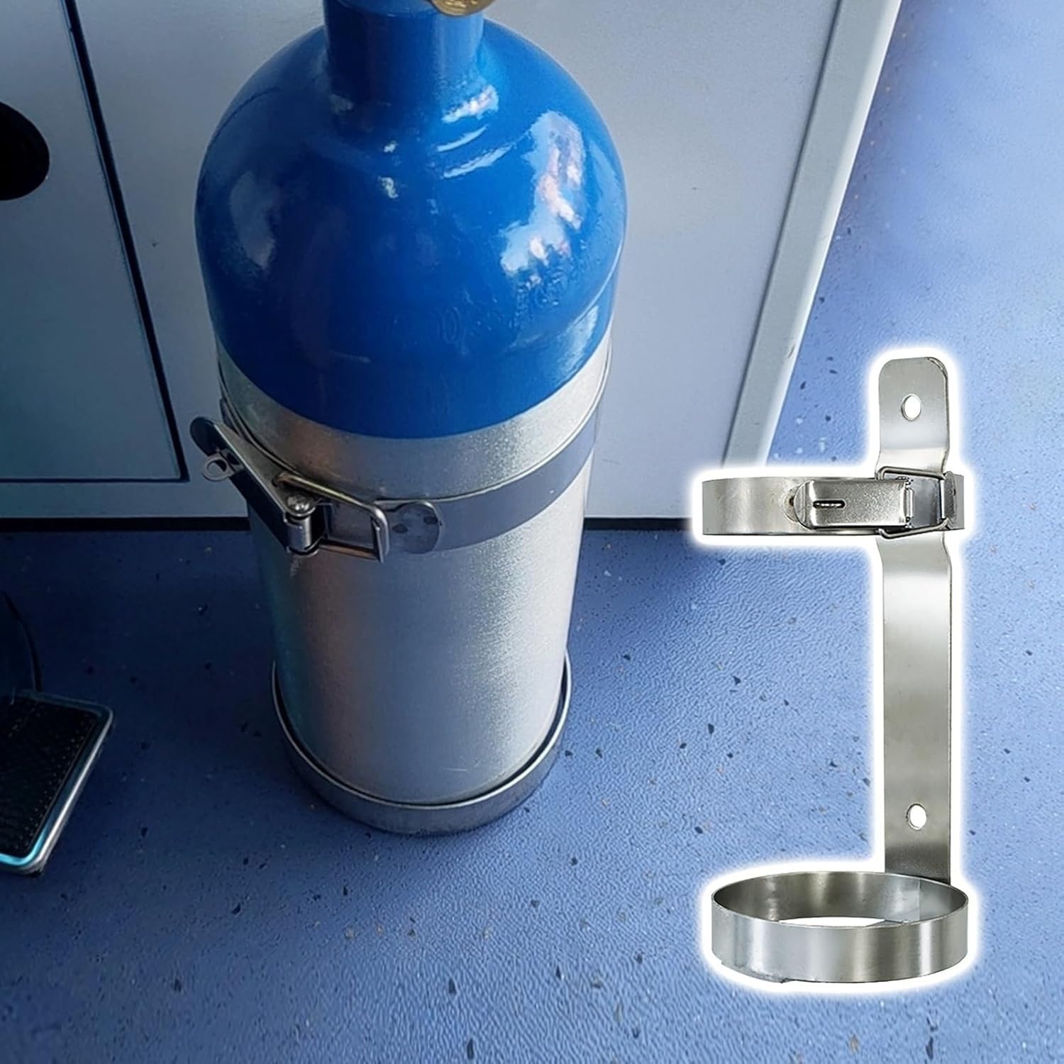 Carrito de tanque de oxígeno de acero inoxidable montado en la pared, organizador de botellas de gas medicinal con capacidad para un cilindro de propano único, soporte para almacenamiento