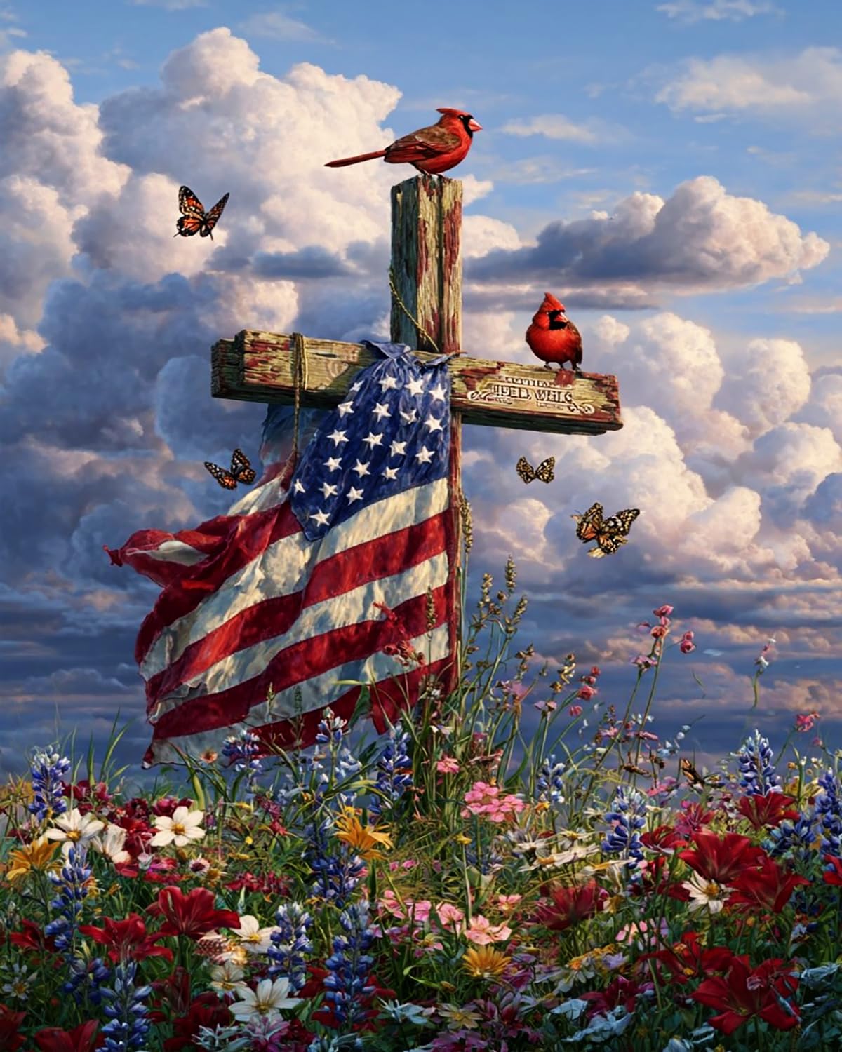 Liubaishi Multicolour Paint By Numbers For Adults, American Flag Cross With Cardinals And Wildflowers, 40X50 Cm Acrylic Canvas Painting Kit