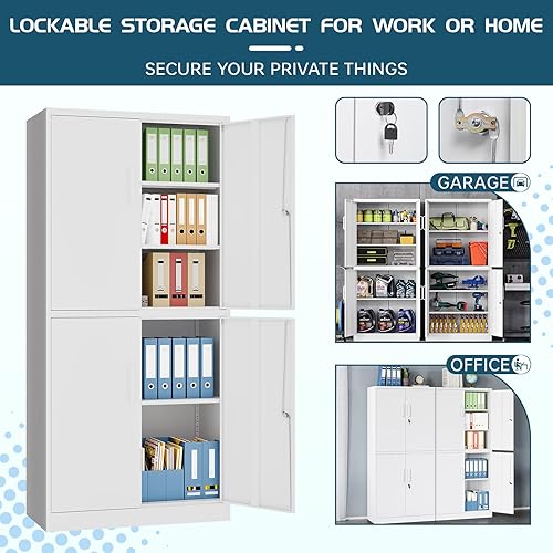Miniatura 4 de MIIIKO Gabinete de almacenamiento de acero con 4 puertas, archivador de metal con cerradura, gabinete de almacenamiento de oficina blanco con 5