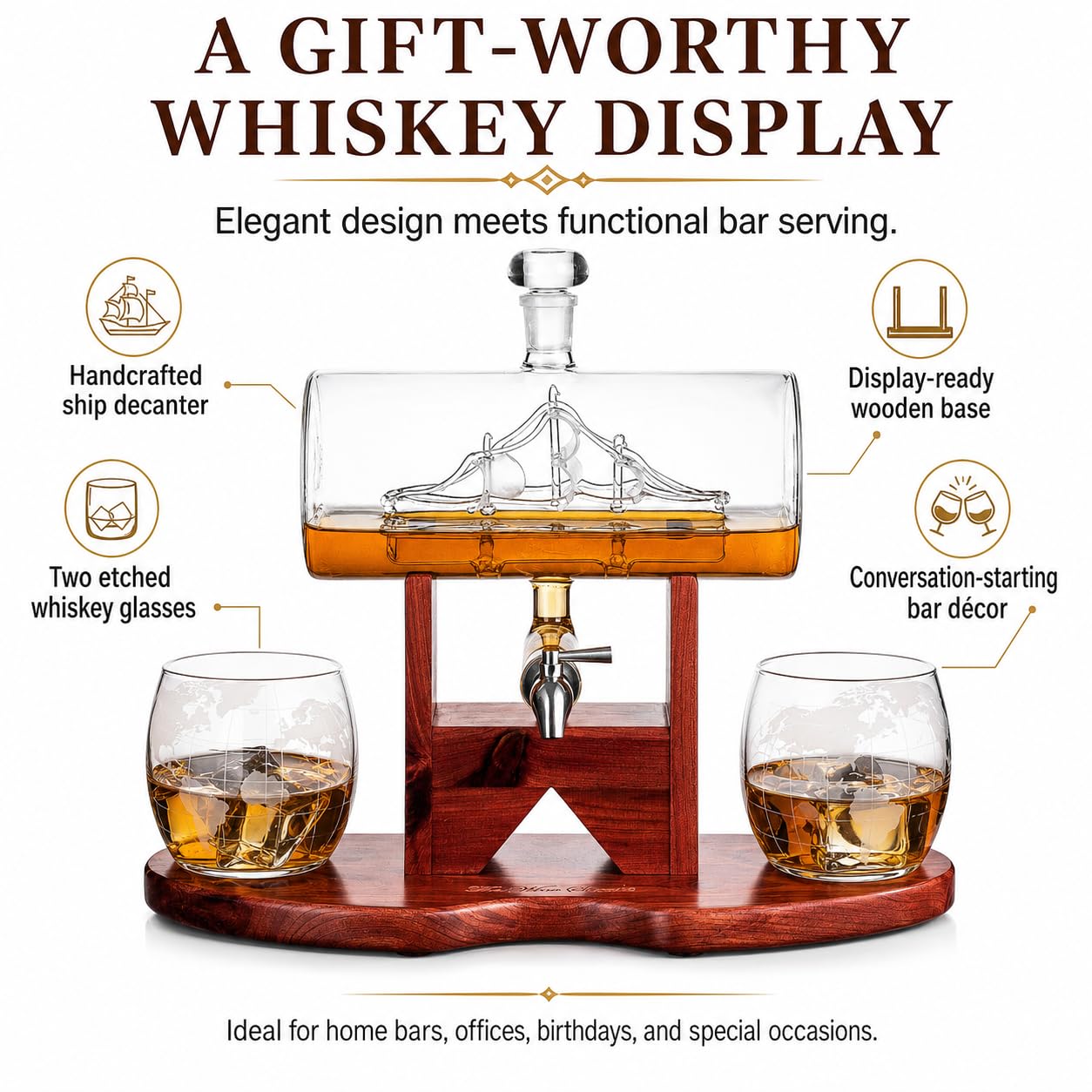 The Wine Savant Carafe à décanter pour vin et whisky, 1250 ml avec 2 verres à whisky et beau support cadeau pour papa, mari ou petit ami