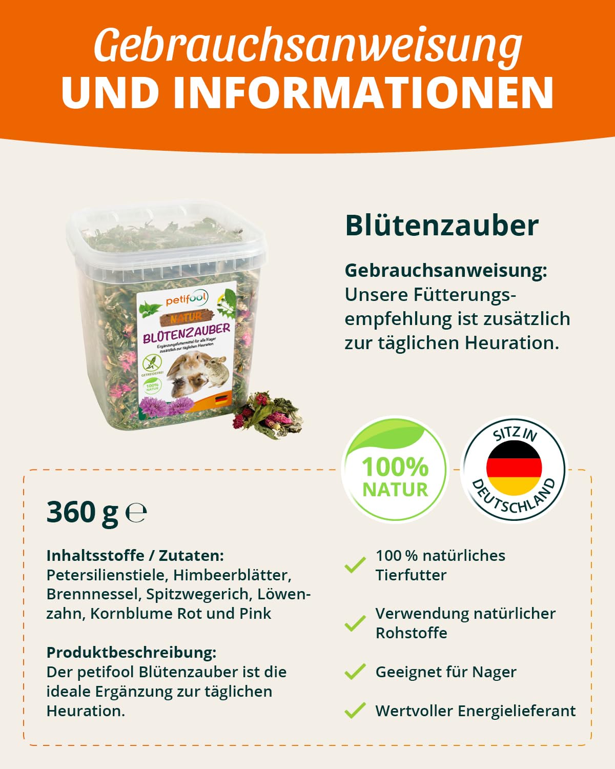 petifool Blütenzauber 360 g – Mangime complementare per roditori – cibo naturale per conigli, porcellini d'India, criceti, cincillà e molto altro ancora – senza additivi artificiali – 100% naturale