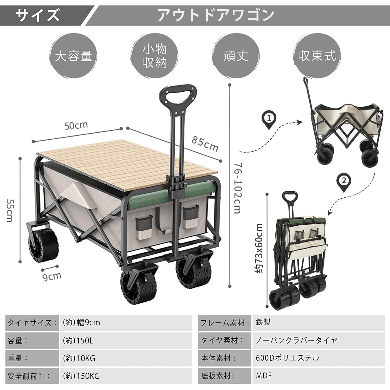 ロールテーブル付き耐荷重150kg大容量コンパクト収納キャリーカート Amazon.co.jp: アウトドアワゴン キャリーワゴン テーブル付き