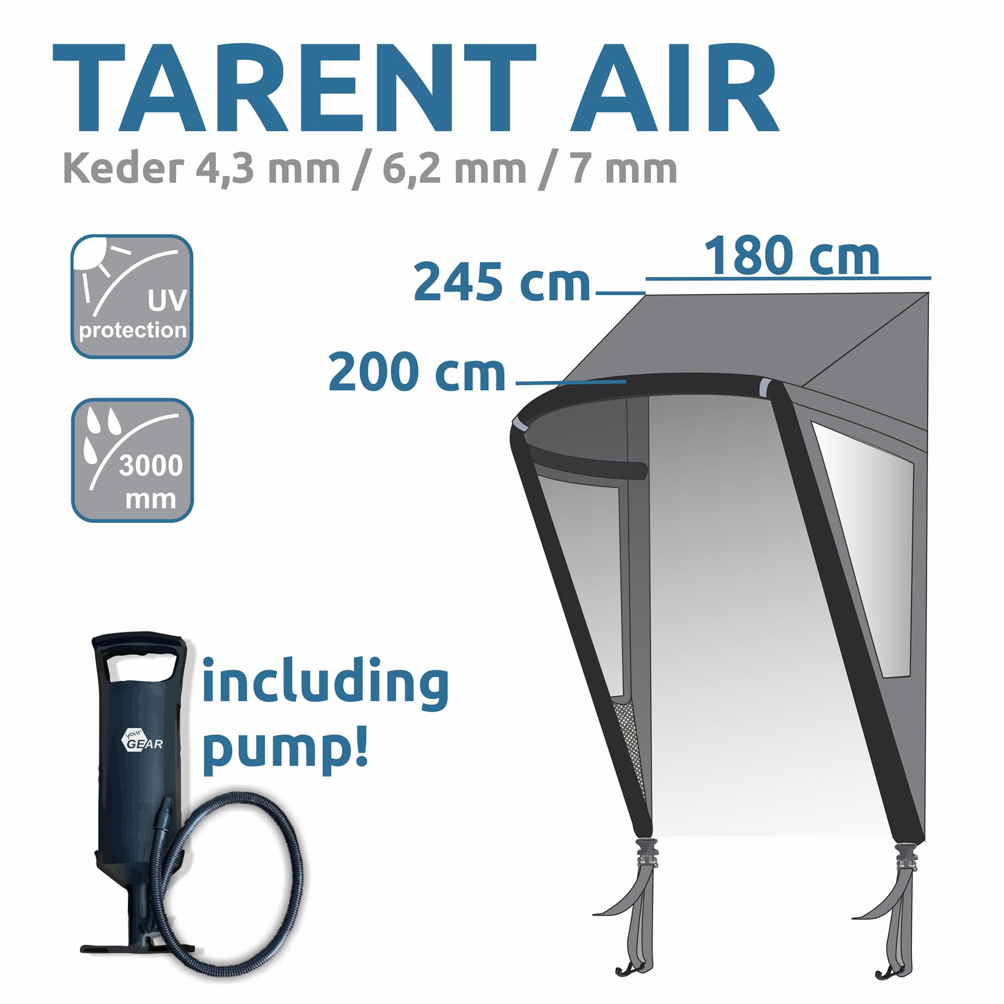 your GEAR Tarent 180 Air Markise - Aufblasbares Wohnmobil Vordach mit UPF 50+ - Sonnenschutz und Regenschutz, Leichte Überdachung - Vorzelt Wohnwagen Tür