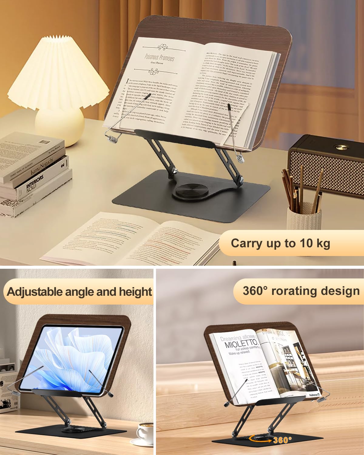 Leggio per Libri in Legno, Supporto Libri per Lettura con Base Girevole a 360°, Altezza Regolabile Bookstand, Pieghevole, per Libri, Cuochi, Tablet, Spartito (01)