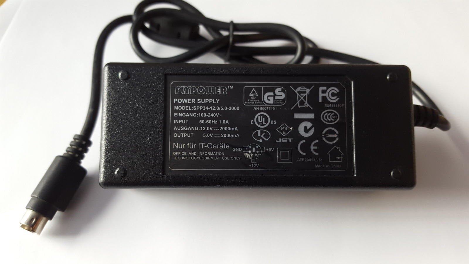 FLYPOWER SPP34-12.0/5.0-2000 AC DC POWER ADAPTER SUPPLY 12V 5V 2A 6 PIN MINI DIN