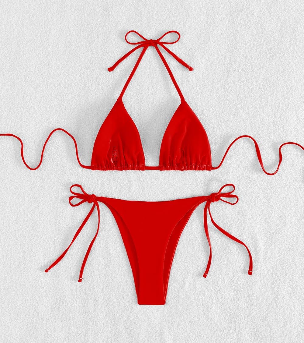 Tainehs Women's Sexy Halter Thong Bikini Tie Two Sides Bottom Triangle Bikini Swimsuits - Image 6