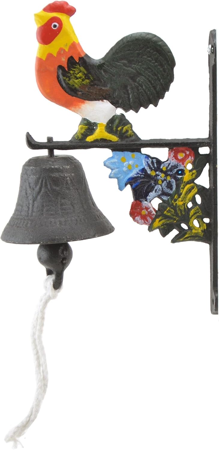 Cast Iron Dinner Bell Rooster & Flowers Colorful Doorbell