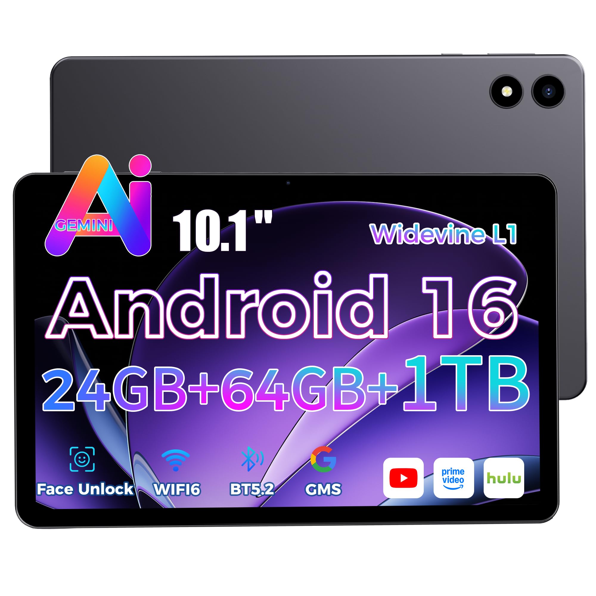 2026 Neuestes Tablet 10.1 Zoll Android 16 mit Gemini AI, 24GB RAM + 64GB ROM, GMS Widevine L1, WiFi 6 & BT 5.2, Dünn und leicht Tablet mit Gesichtserkennung