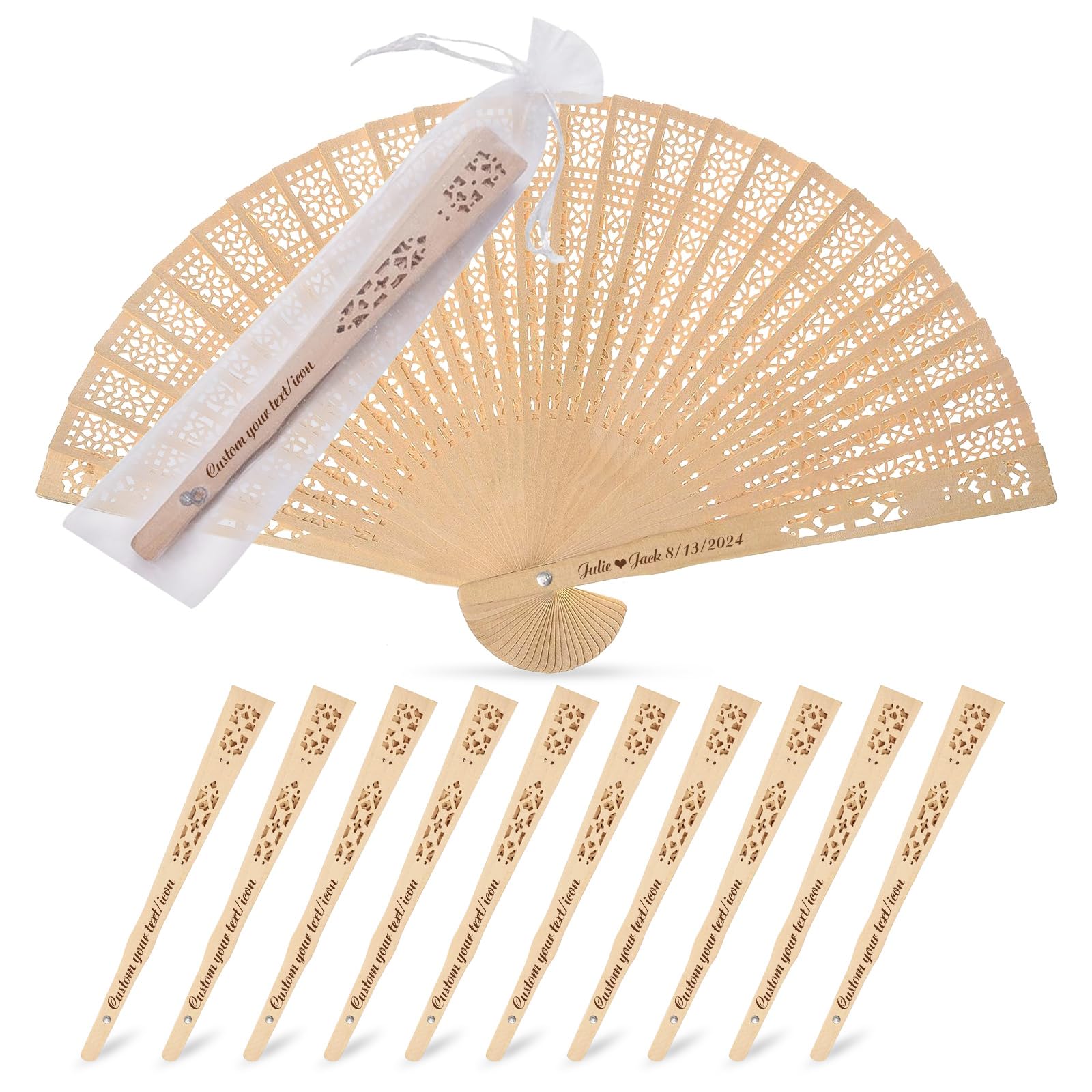 BEXOA 50Pcs Personalised Folding Fan Custom Engraved Wooden Folding Hand Fan Party Wedding Gifts for Guests Bride Wedding Fans Decorations (50)