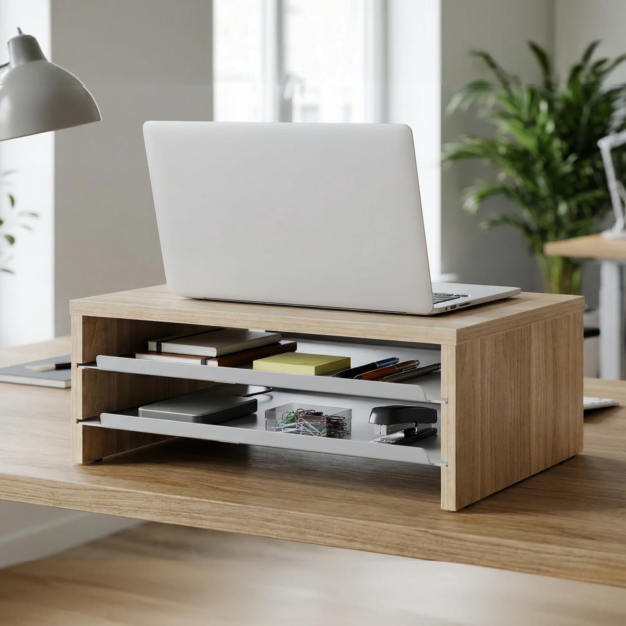 Fenge Supporto Monitor Scrivania, Rialzo per Monitor con 2 Vassoi, Legno e Metallo, Organizer da Scrivania per Casa e Ufficio, Computer, Laptop, Stampante, Telefono, TV, 36,4x23,5x13,4 cm (Rovere)