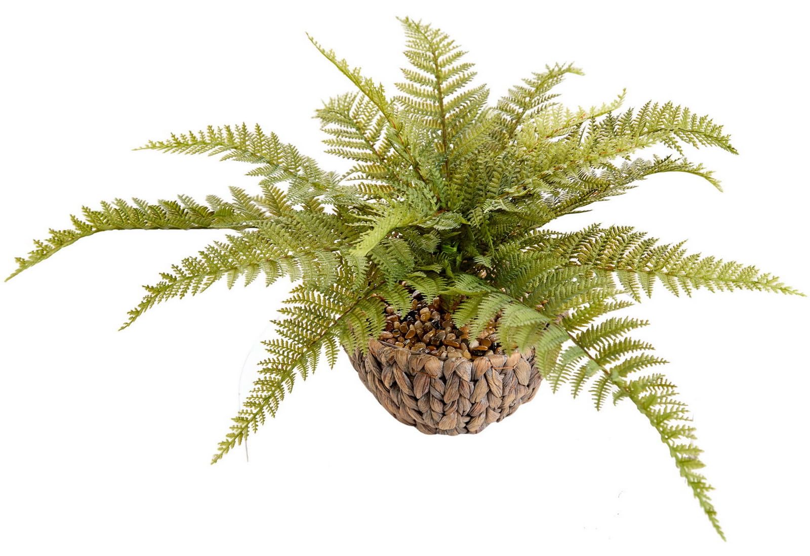 Fougères artificielles de 35cm en pot de jonc de mer tressé avec galets