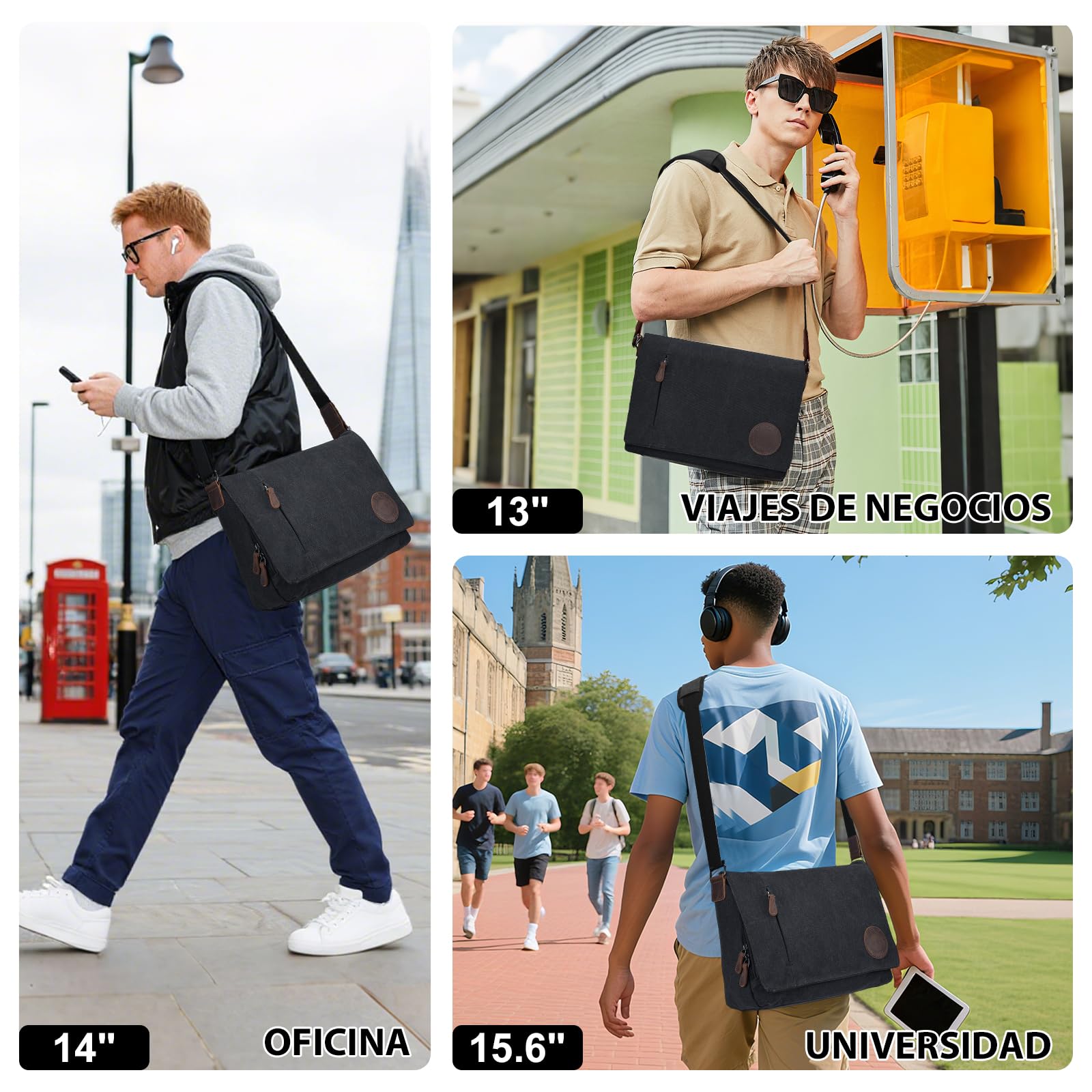 Leathario Bolso Bandolera de Lona y Piel para Hombre, Bolso de Hombro Tela para Uso Diario, Bolso Mensajero para Ocasiones como Viajes, Ferias, Compras, Trabajo y Universidad