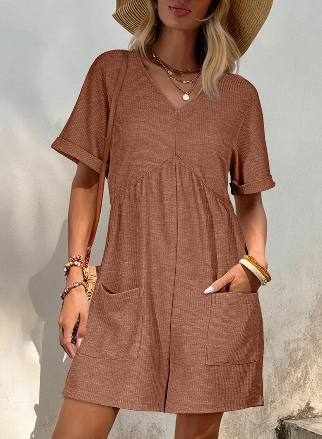 AlvaQ Rompers for Women Solid Color Casual Short Sleeve V Neck Zipper Short Jumpsuits with Pockets - Image 2