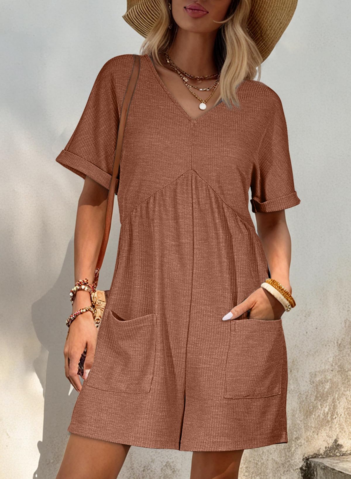 AlvaQ Rompers for Women Solid Color Casual Short Sleeve V Neck Zipper Short Jumpsuits with Pockets: X-Large Dark Khaki