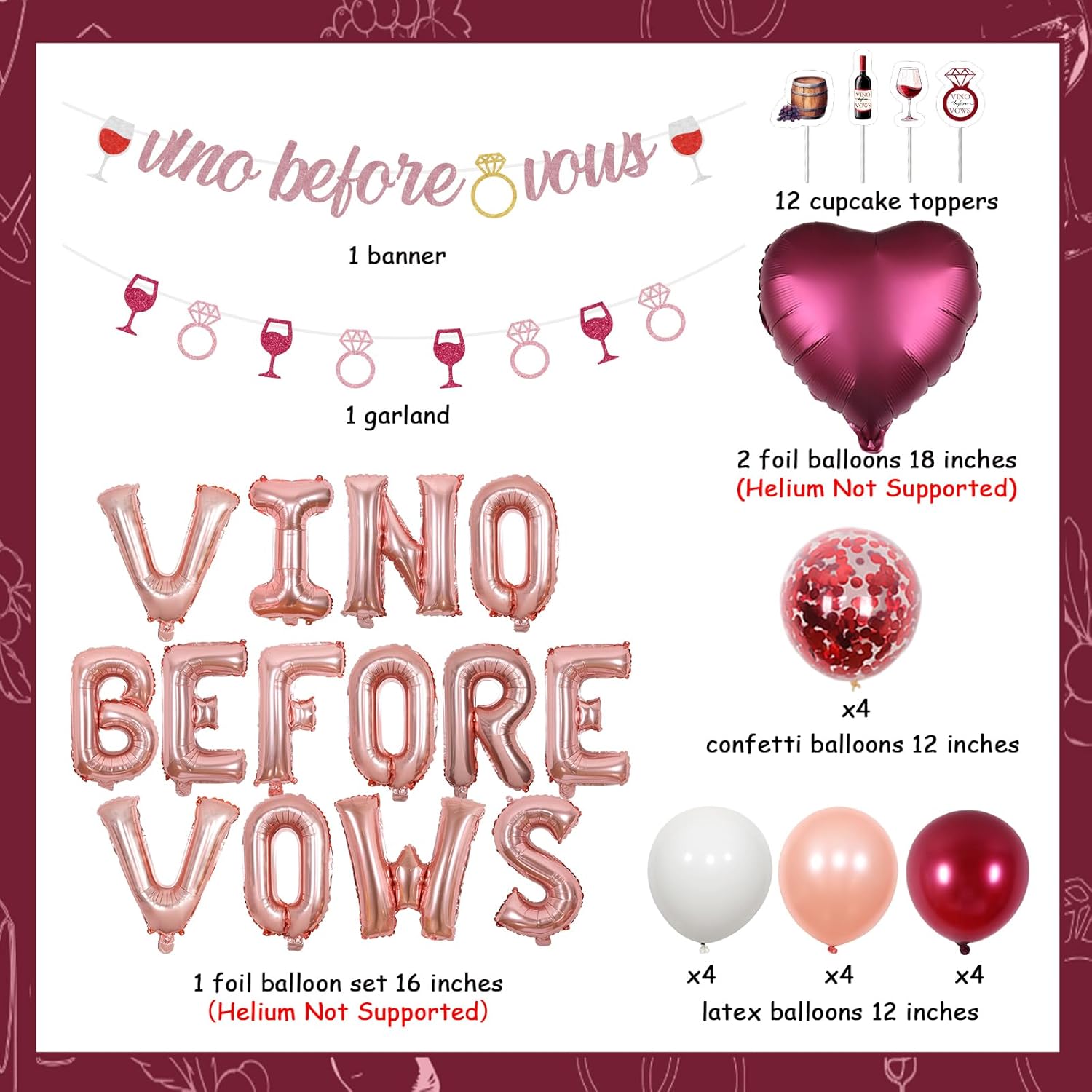 Wine Bachelorette Party Decorations Vino Before Vows Decorations Balloon Banner Cake Toppers Wine Glass Ring Garlands Winery Bridal Shower Decor for Burgundy Funny Bridal Shower Wedding