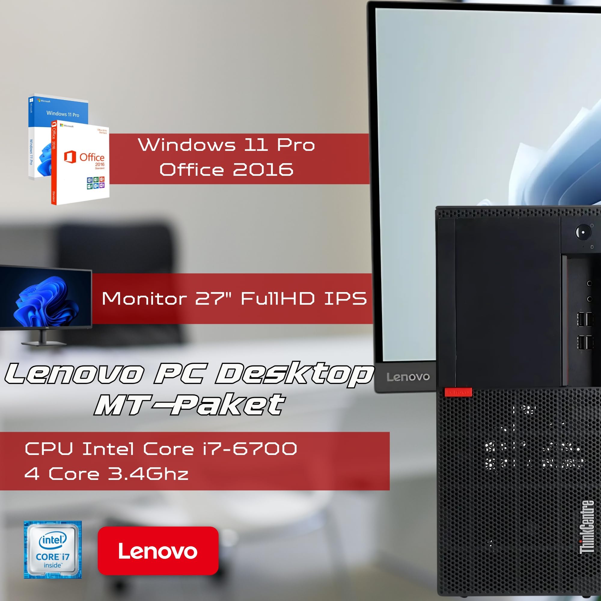Lenovo PC komplett Büro Professional i7 no 4.0 GHz - Monitor 27 Zoll FHD 32 GB RAM 1 Tera SSD Nvme - Win 11 Pro MS Office Garantie 36 Monate