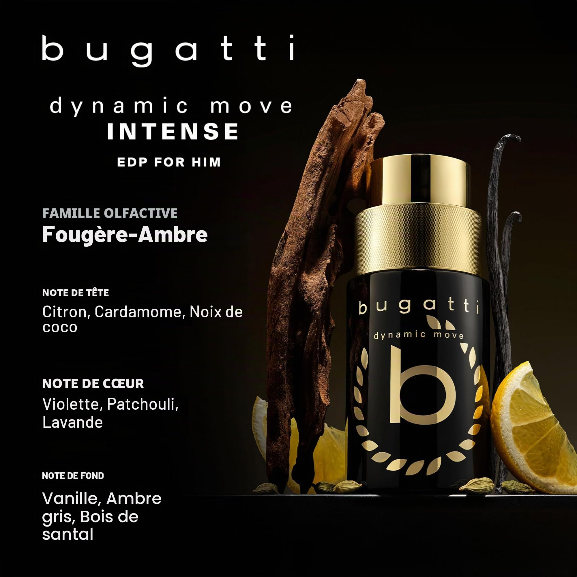 bugatti dynamic move intense Parfum pour homme 100 ml I Eau de toilette ambrée épicée I Parfum pour homme avec nuances de citron, noix de coco, patchouli, vanille et bois de santal I Parfum souverain